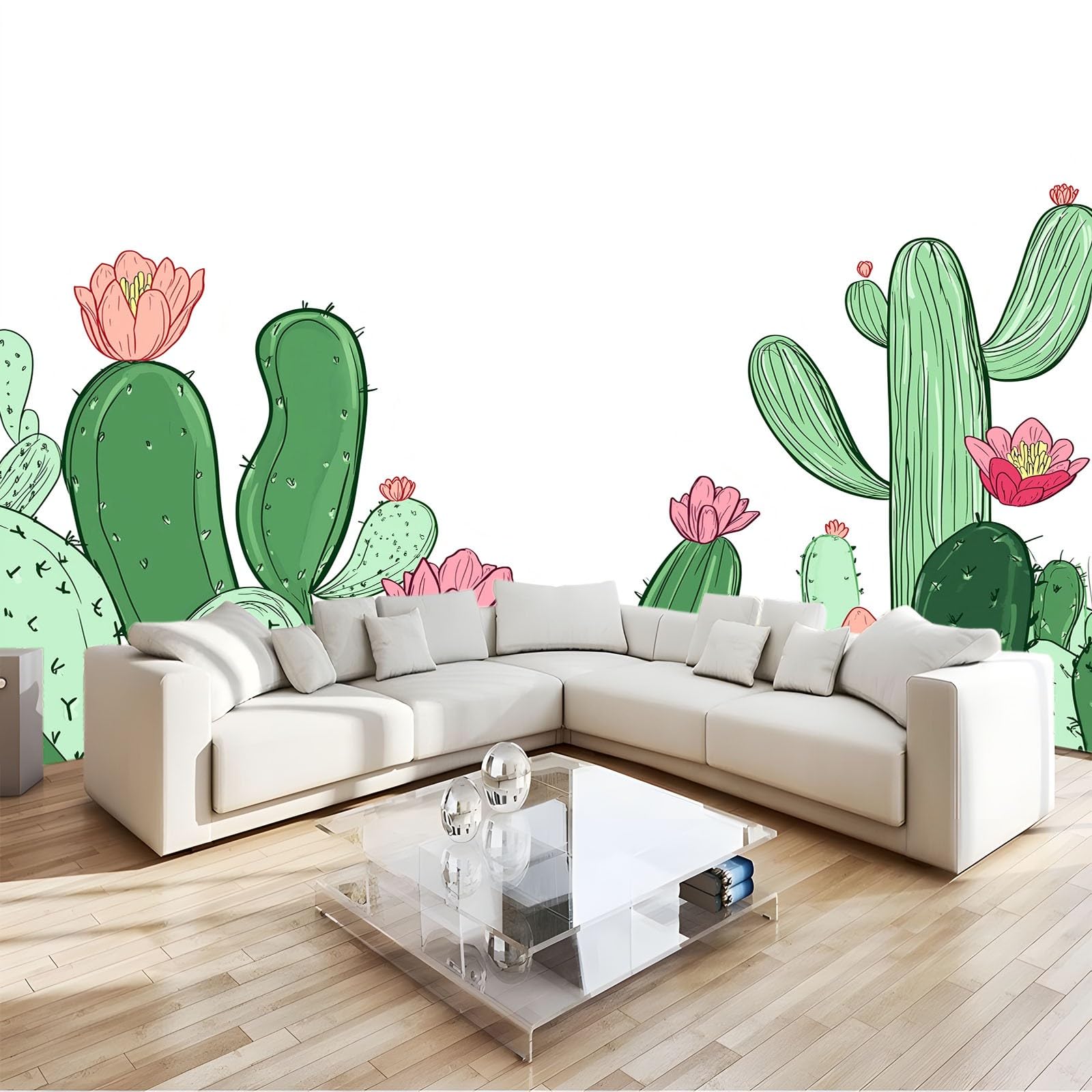 Panoramiczna tapeta botaniczna, 350 x 256 cm, ręcznie rysowana tapeta z kreskówki kaktus zielony kwiatowy XXL - plakat ścienny do salonu, sypialni dorosłych, pokoju dziecięcego i biura