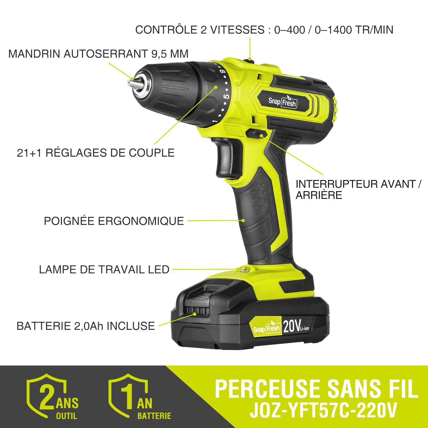 SnapFresh Perceuse Visseuse Sans Fil 20V – Légère et Compacte 0,8 kg, Couple 35 N·m, 2 Vitesses, LED, Batterie 2,0 Ah & Accessoires – Idéale pour le Bricolage et les Réparations à la Maison