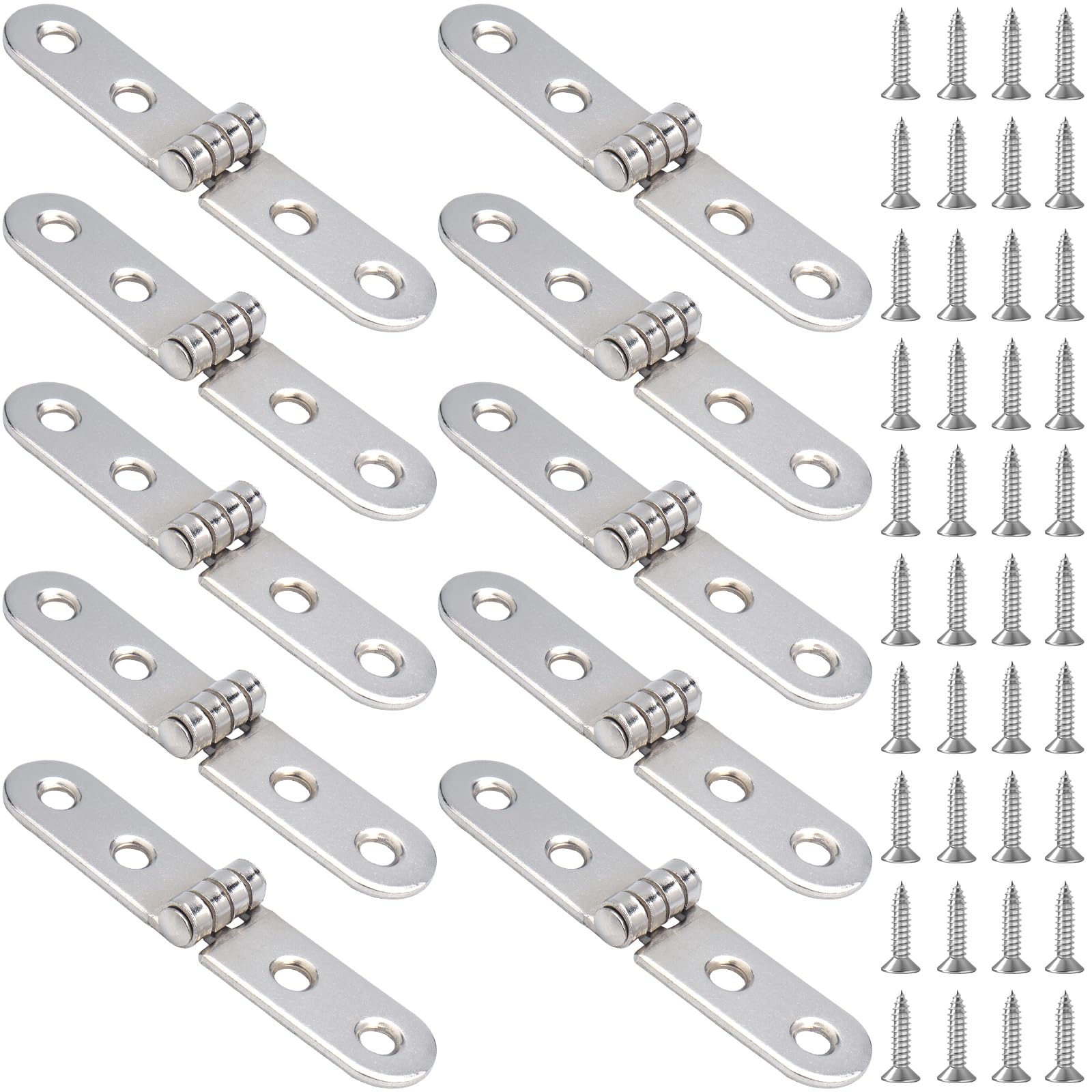 LHNNDM 10pcs 180 Degree Folding Flip Hinges,Door Hinge Round Edge with 40 Screws Heavy Duty Strap Hinges for Folding Tables, Wardrobe, Cabinets, Wooden Boxes,Sewing Machine (Silver)