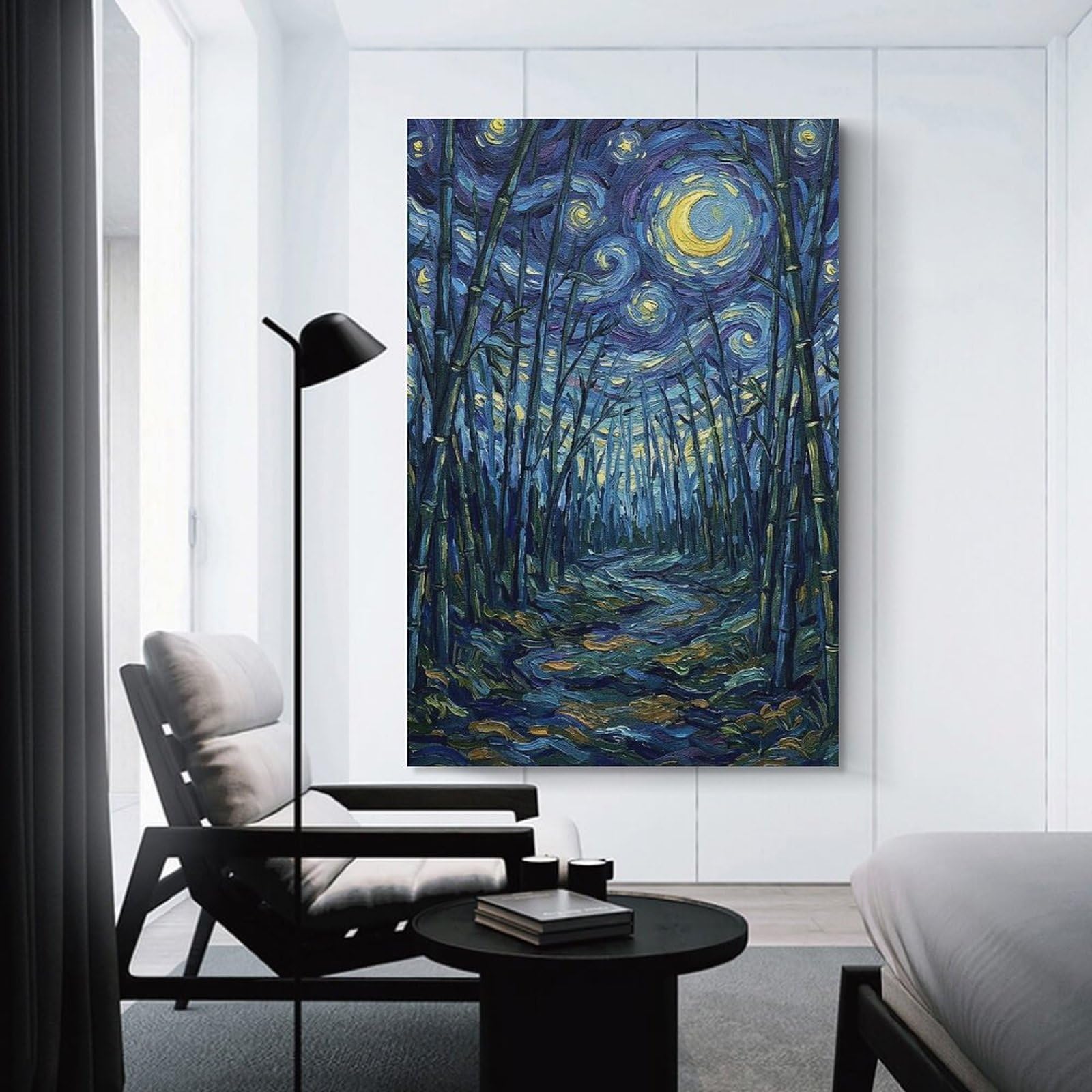 Junmoney Room Decor Wall Art Bamboo Forest Under Starry Night Painting, 16x24inch(40x60cm), for Home Office, Desk Area Or Studio, An Interior Accent for Desk Areas