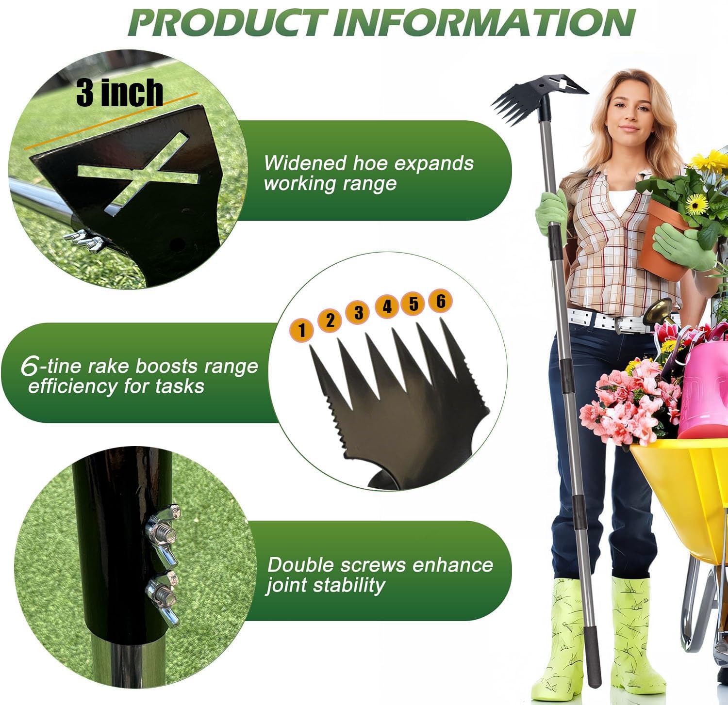 Gartenhacke, 152,4 cm, langer Griff zum Jäten, 2-in-1-Hand-Unkrautrechen und Action-Hacke für Gartenarbeit, robustes Unkrautentferner-Werkzeug für Gartenarbeit, Pflanzen