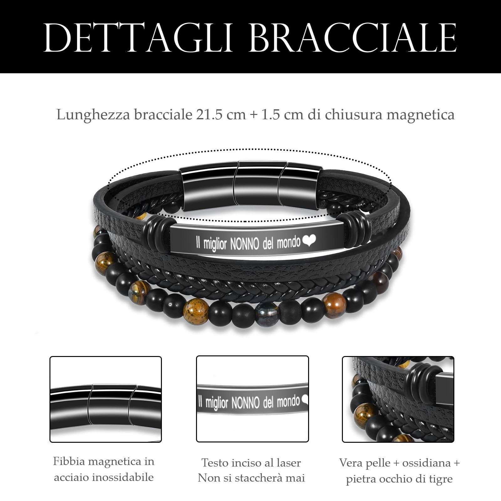 VGWON Regalo Uomo Bracciale da Uomo in Vera Pelle con Pietre Naturali, Regalo per Lui Marito Fidanzato Figlio Papà Nonno, Regalo San Valentino Compleanno Natale Anniversario