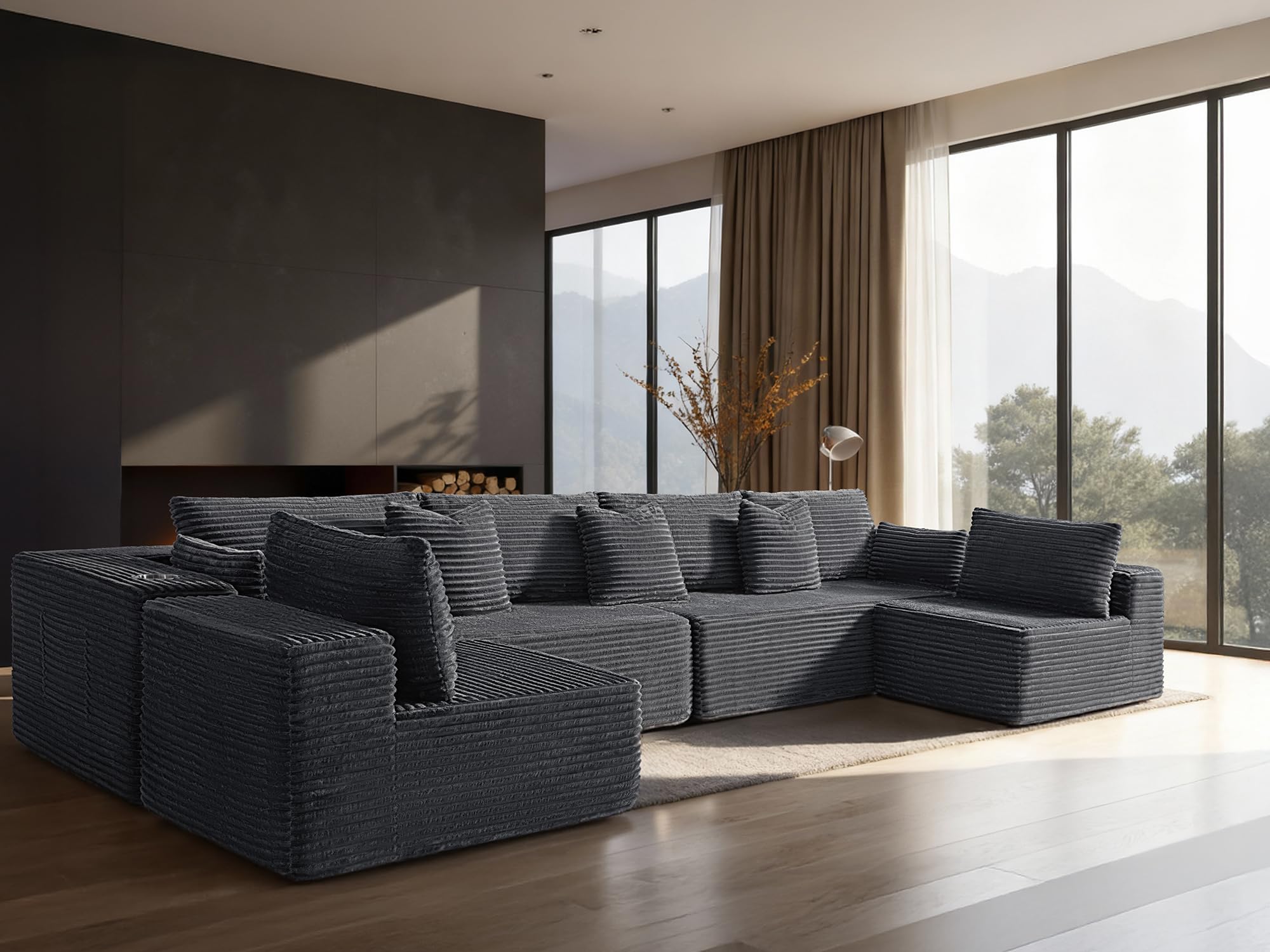 138" Cloud Sectional Couch, Comfort U Shaped Sofa for Living Room, Extra Deep Seats No Assembly, Minimalist Modular Couch, Corduroy (Dark Grey, 6 Seats,U-Shape B)