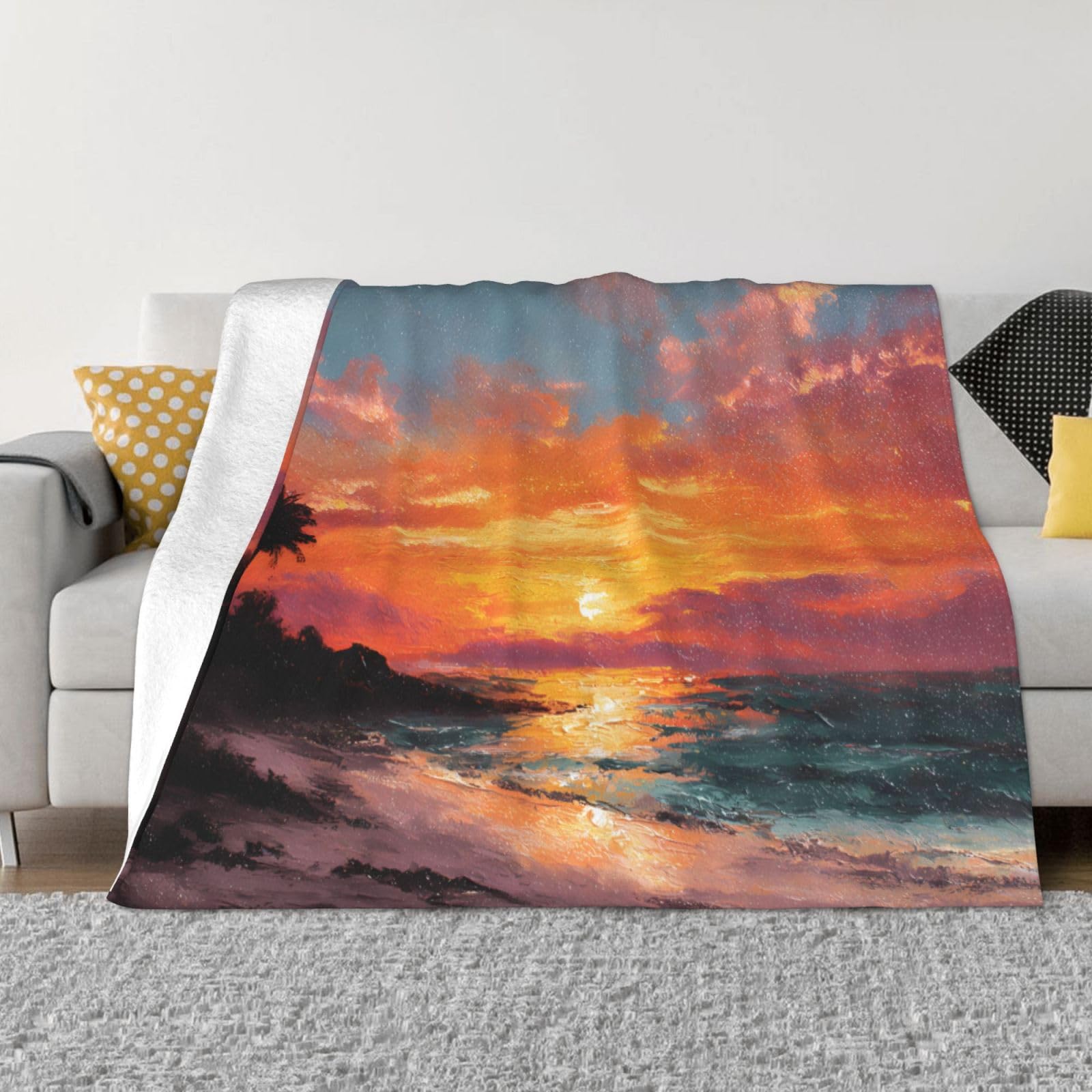 Manta de viaje portátil de 80 x 60 pulgadas, suave, resistente a las arrugas, plegable, exquisita pintura al óleo con estampado de playa