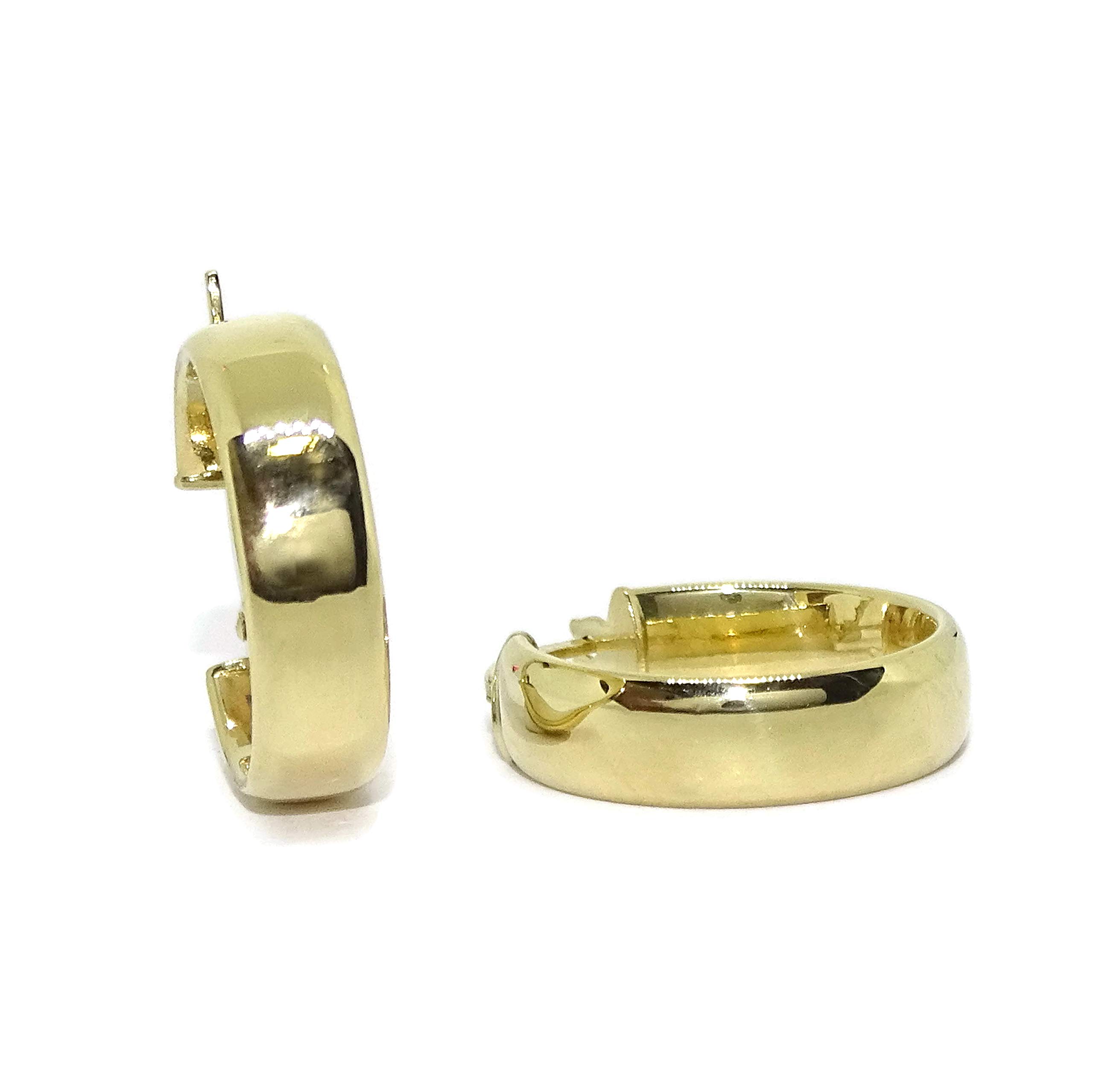 Orecchini a cerchio piccoli, in oro giallo a 18 carati, larghezza 5 mm, diametro esterno 1,9 cm peso 1,90 g, facile chiusura a scatto