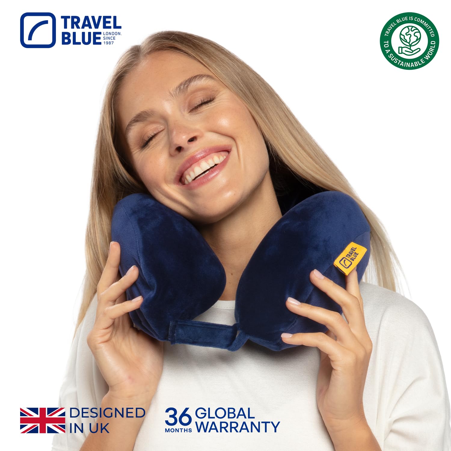 Travel Blue Coussin de Voyage en Mousse à Mémoire de Forme - Oreiller Ergonomique et Léger pour Le Cou - Ajustable Coussin pour Avion, Voiture et Bureau - Support pour Tête, Cou et Colonne (Navy)