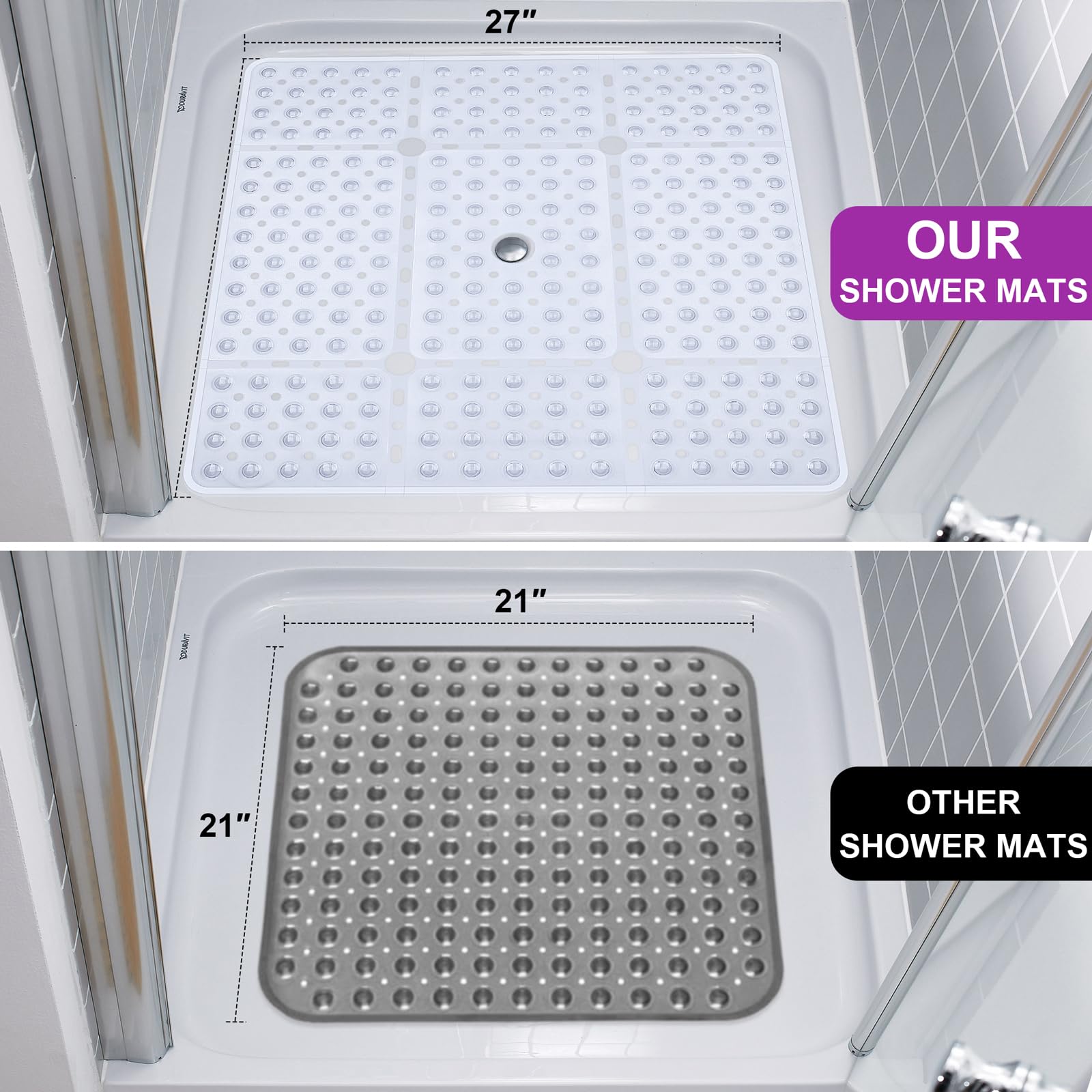 Tapis De Douche Antidérapant XL 70x70cm - Ventouses Puissantes, Trous De Drainage, Transparent