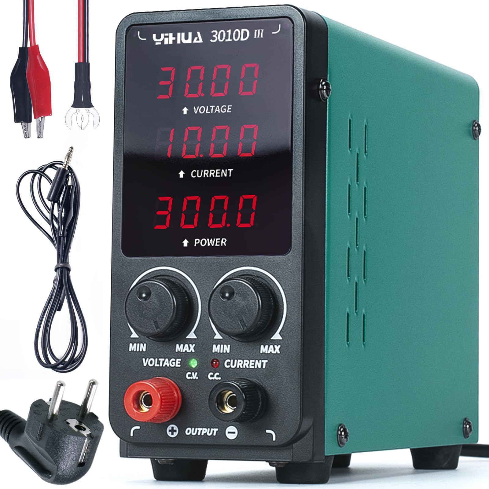 YIHUA 3010D-III DC Alimentatore da banco Laboratorio 30V 10A variabile Alimentatore regolabile con clip a coccodrillo, modalità CC/CV automatica per elettronica, riparazione, galvanica, ingegneristica