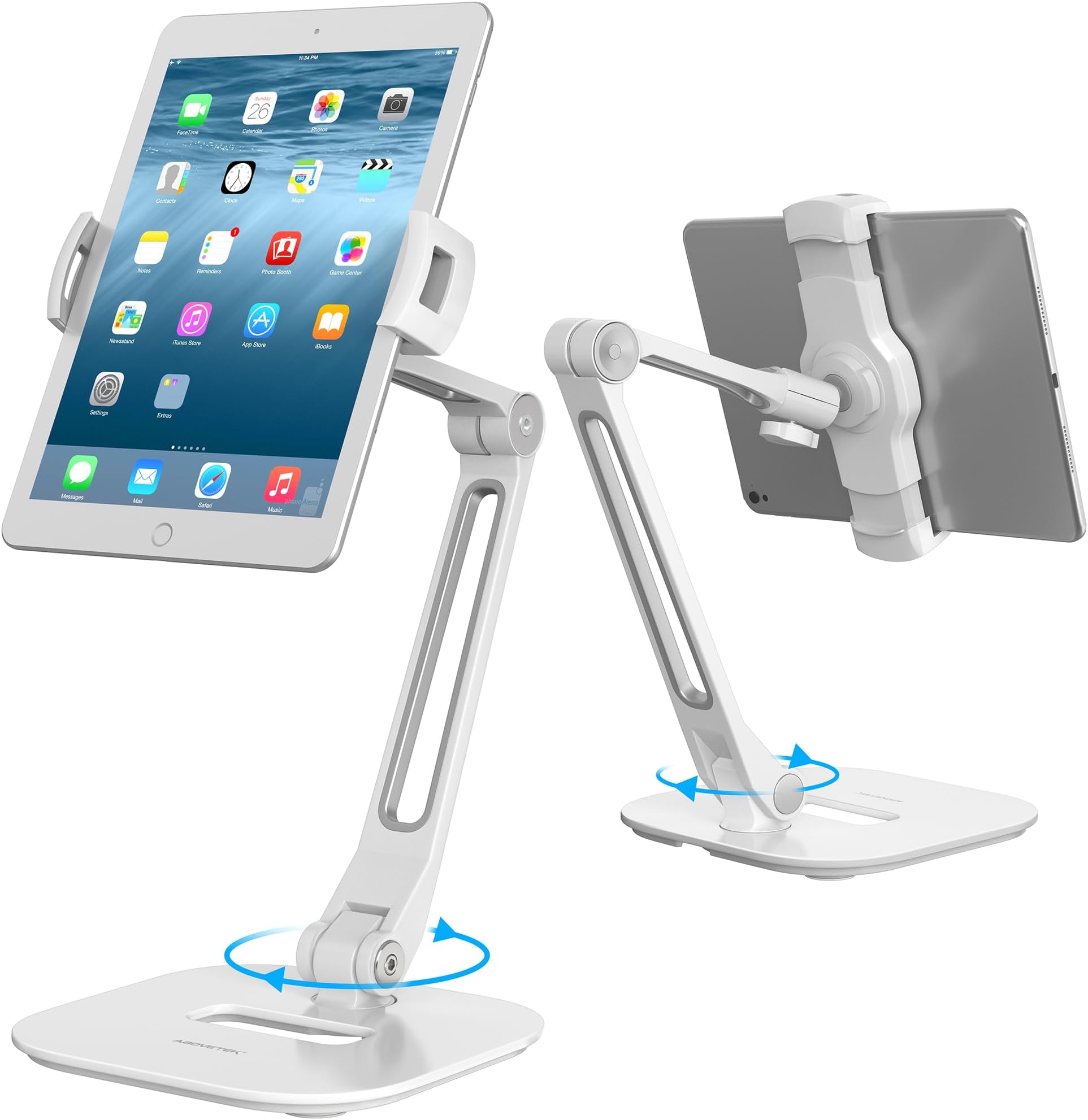 Multi-Angle Adjustable Tablet Stand, 360 Swivel iPad Stand Aluminum Desk Mount Fits 4'-11" Tablets White