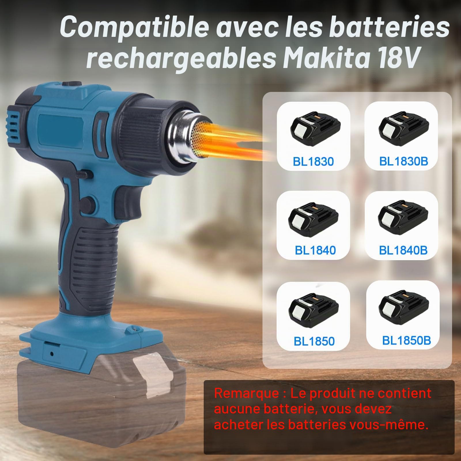 Décapeur Thermique Sans Fil compatible avec Batterie Makita 18V | Pistolet à Air Chaud avec écran LCD Réglable de 50 à 550 °C, avec 5 Buses et 2 Shovels pour Soudure (Sans Batteries)