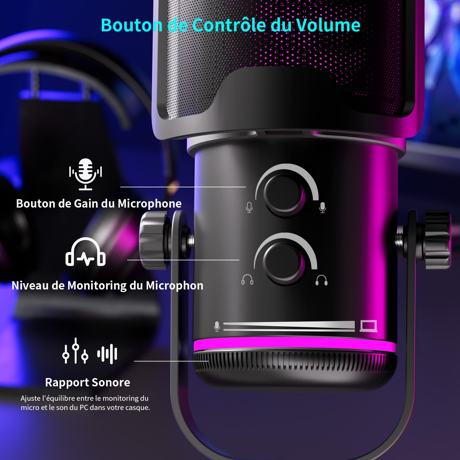 K KASONIC Microphone RGB pour Gaming avec Bras de Perche, Microphone Condensateur de Home Studio pour PC, Micro USB 24 Bits 192 kHz pour Enregistrement de Podcast, Kit de Microphone pour Streaming
