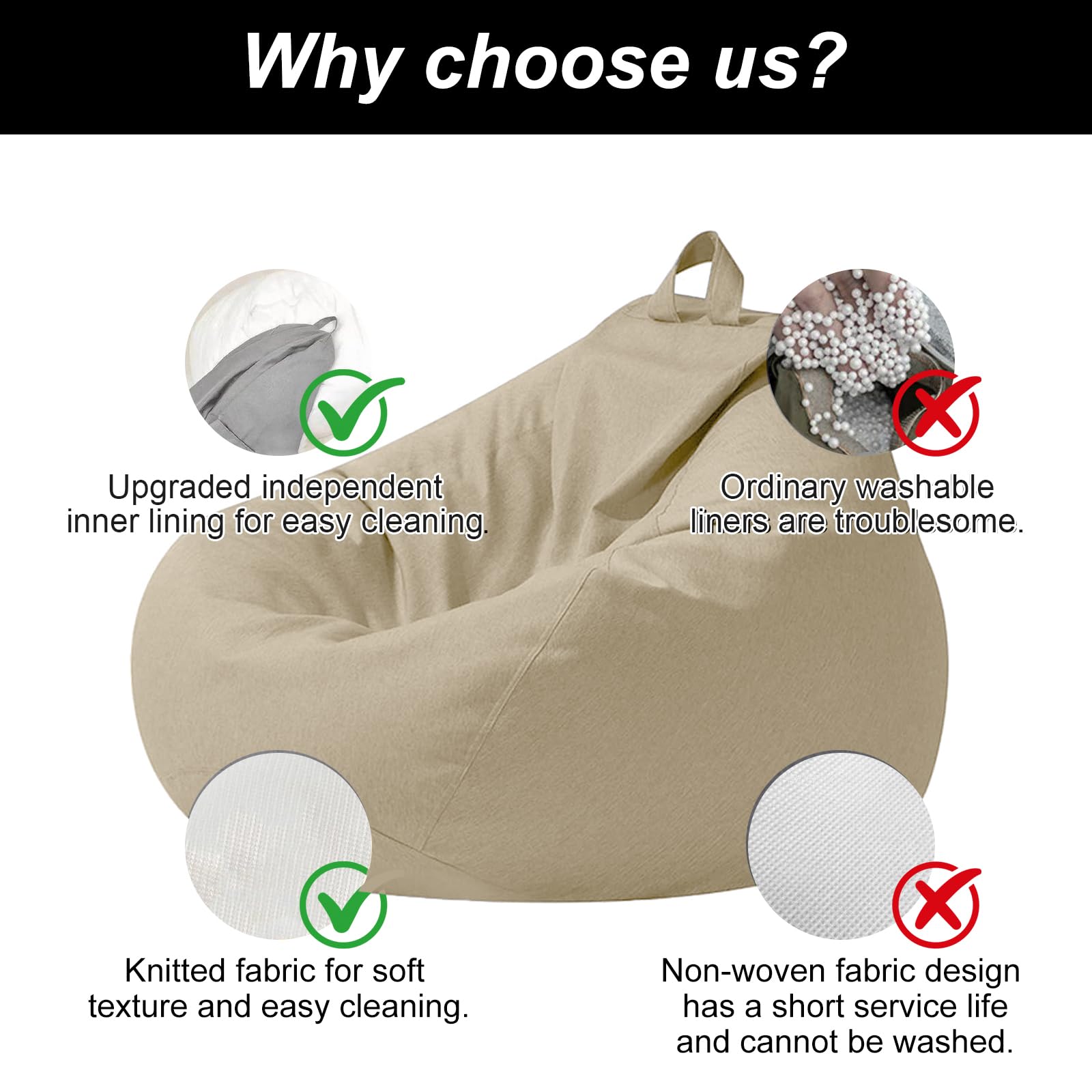 Housse Pouf Poire XL, Housse de Pouf sans Rembourrage(Beige) | 100x120CM Bean Bag avec Poignée Adulte/ Kinder, Housse Pouf pour Chambre, Salon, Exterieur