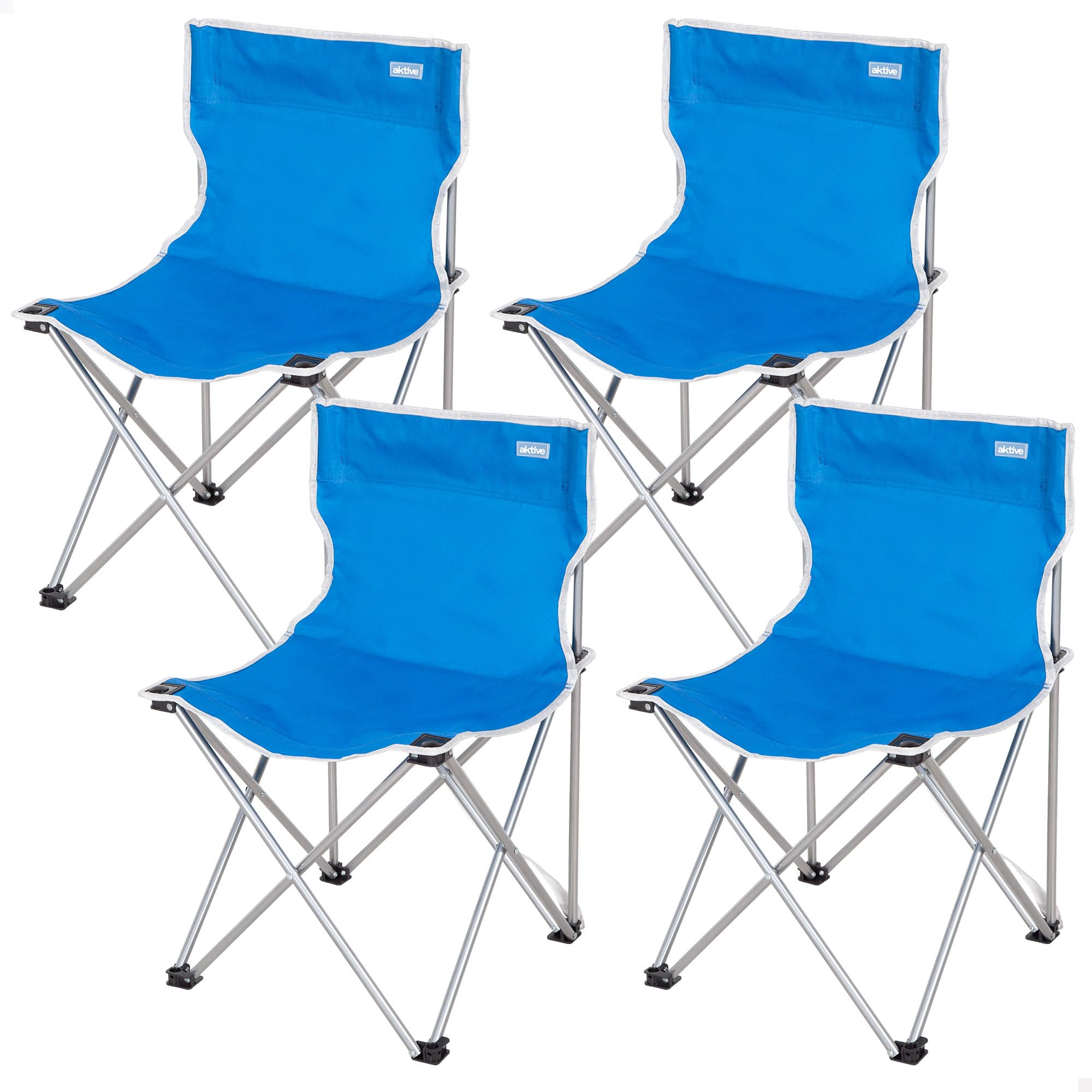 AKTIVE Pack 4 sillas Camping, 43x43x71 cm, Azul y Gris, Soporta 110 kg, Asiento Alto 40 cm, Antivuelco, Asa Transporte Lateral, Plegado Compacto, Sin Tubo Delantero (85563)