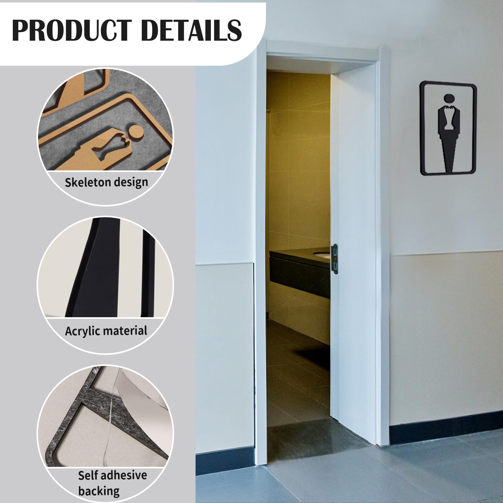 Cartello Adesivo Per Bagno Uomo E Donna In Acrilico Nero - 22x9 Cm - Rimovibile, Impermeabile, Ideale Per Uffici, Negozi, Locali