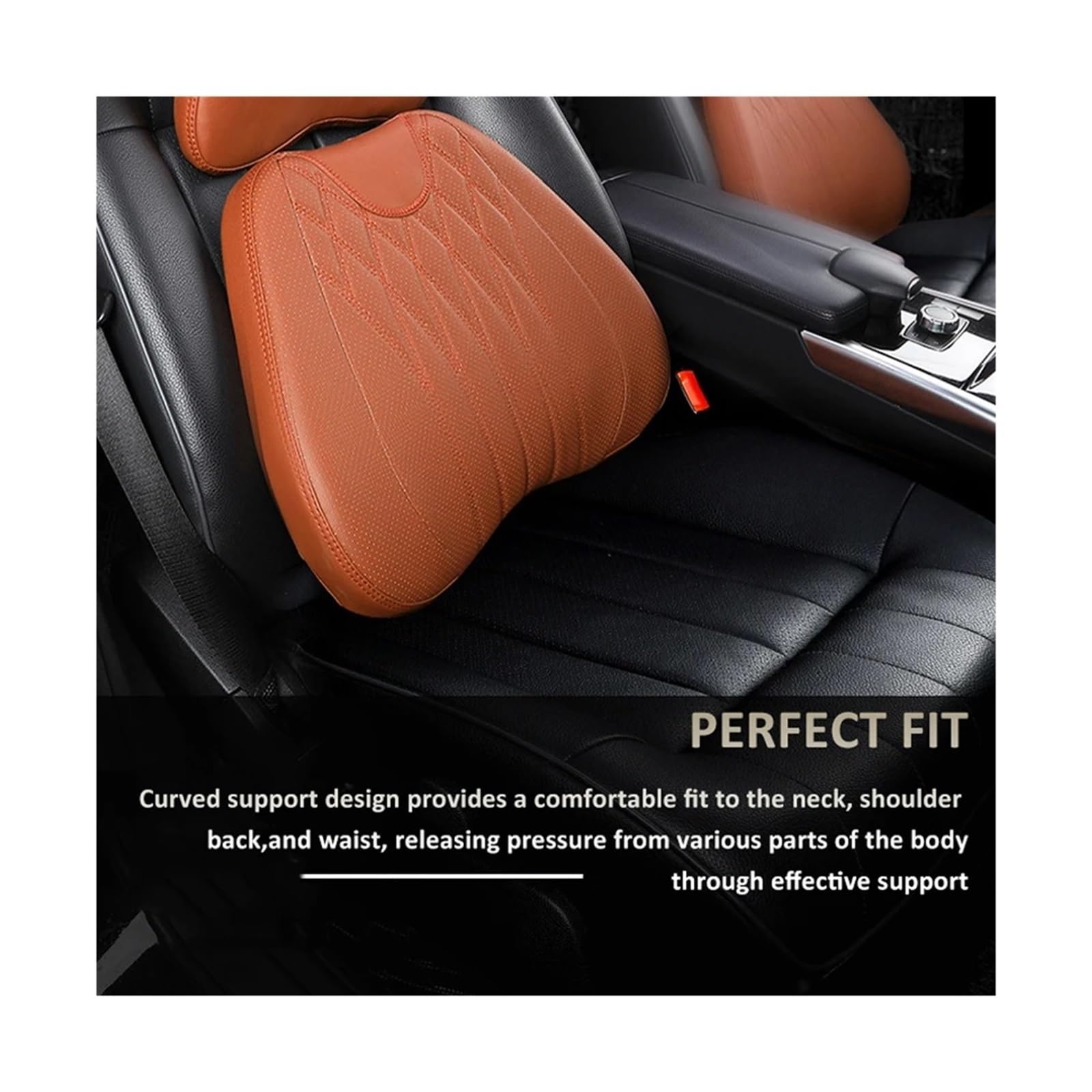 Cuscino per il collo dell'auto in memory foam 3D, cuscino poggiatesta in pelle ricamata, supporto lombare per donne e uomini, accessori per sedile (vita-marrone)