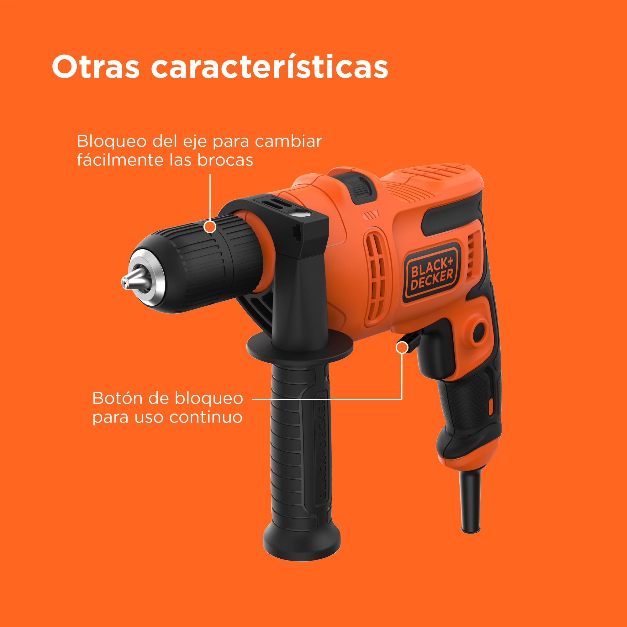 BLACK+DECKER BEH200-GB - Herramienta eléctrica para taladro de martillo (500 W, mango lateral)