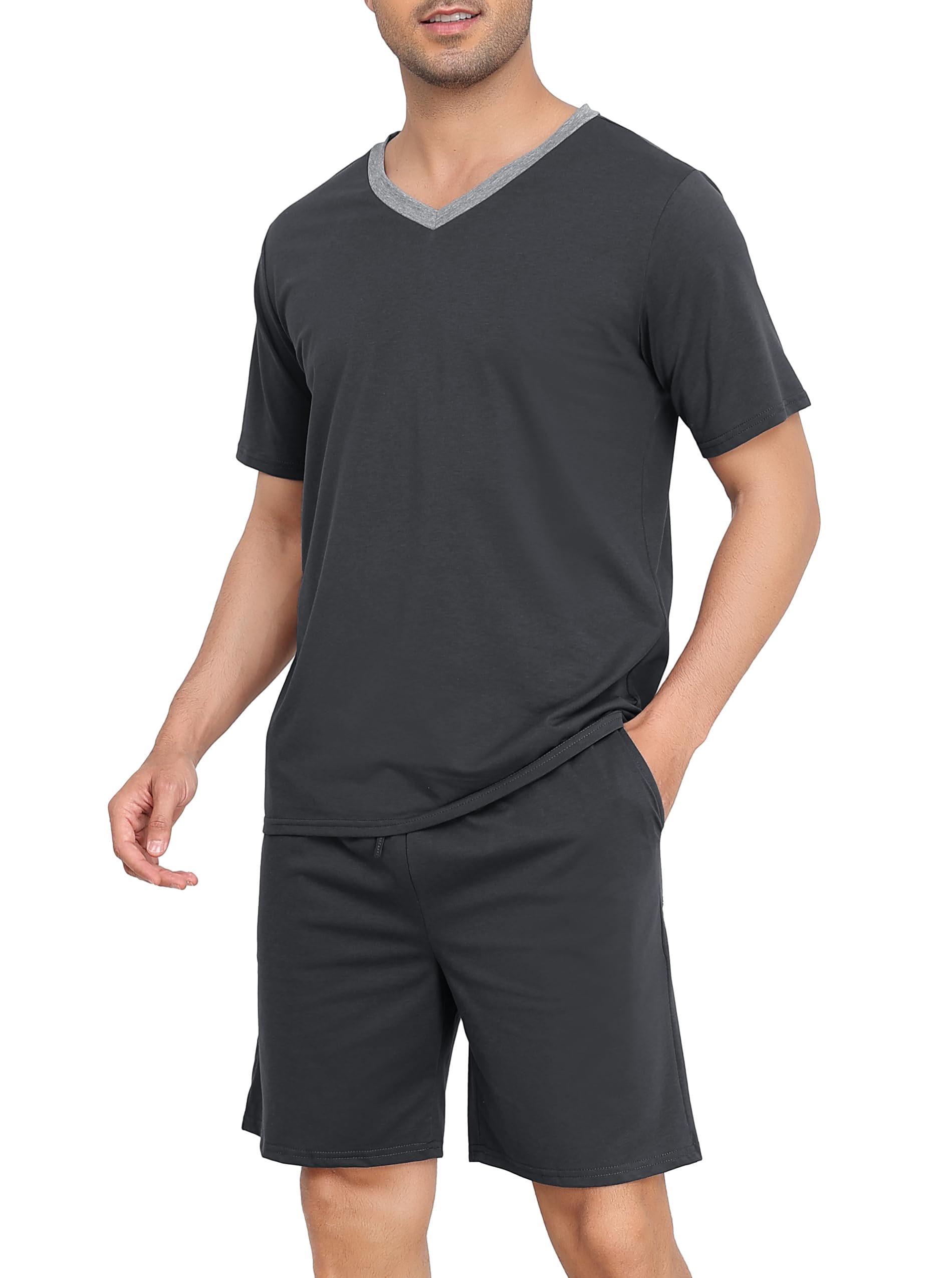 Wikoan Herren Schlafanzug Kurz Pyjama Baumwolle V-Ausschnitt Nachtwäsche Sommer Pyjama Set Kurzarm T-Shirt mit Shorts Zweiteilig Set S-XXL