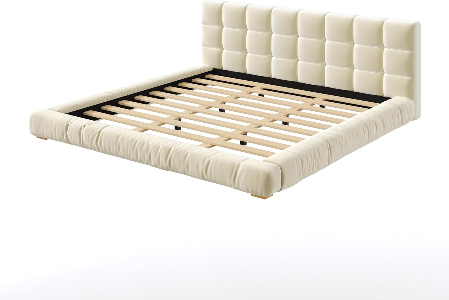 LUMISOL King Size Velvet Upholstered Platform Bed Frame with Tufted Headboard, Low Profile Upholstered Bed Frame with Wood Slat Support, Soft Fabric Grounded Beds for Adults, Beige