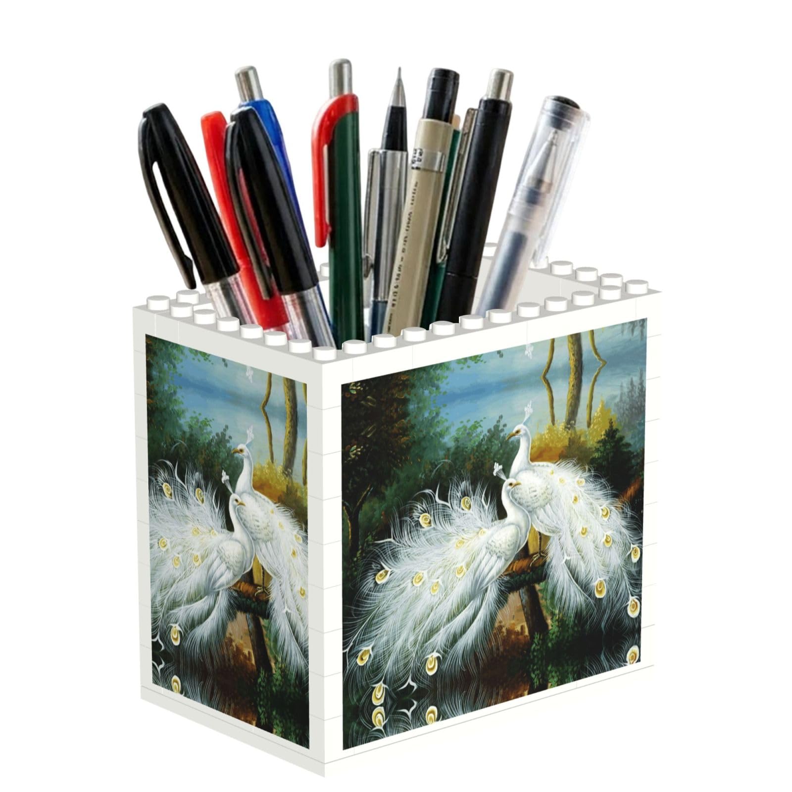 SATUSA White Peacock Print Building Block Texture Pen Holder - Pencil Holder For Desk Pen Organizer,Aesthetic Desk Accessories For Women(1pcs)