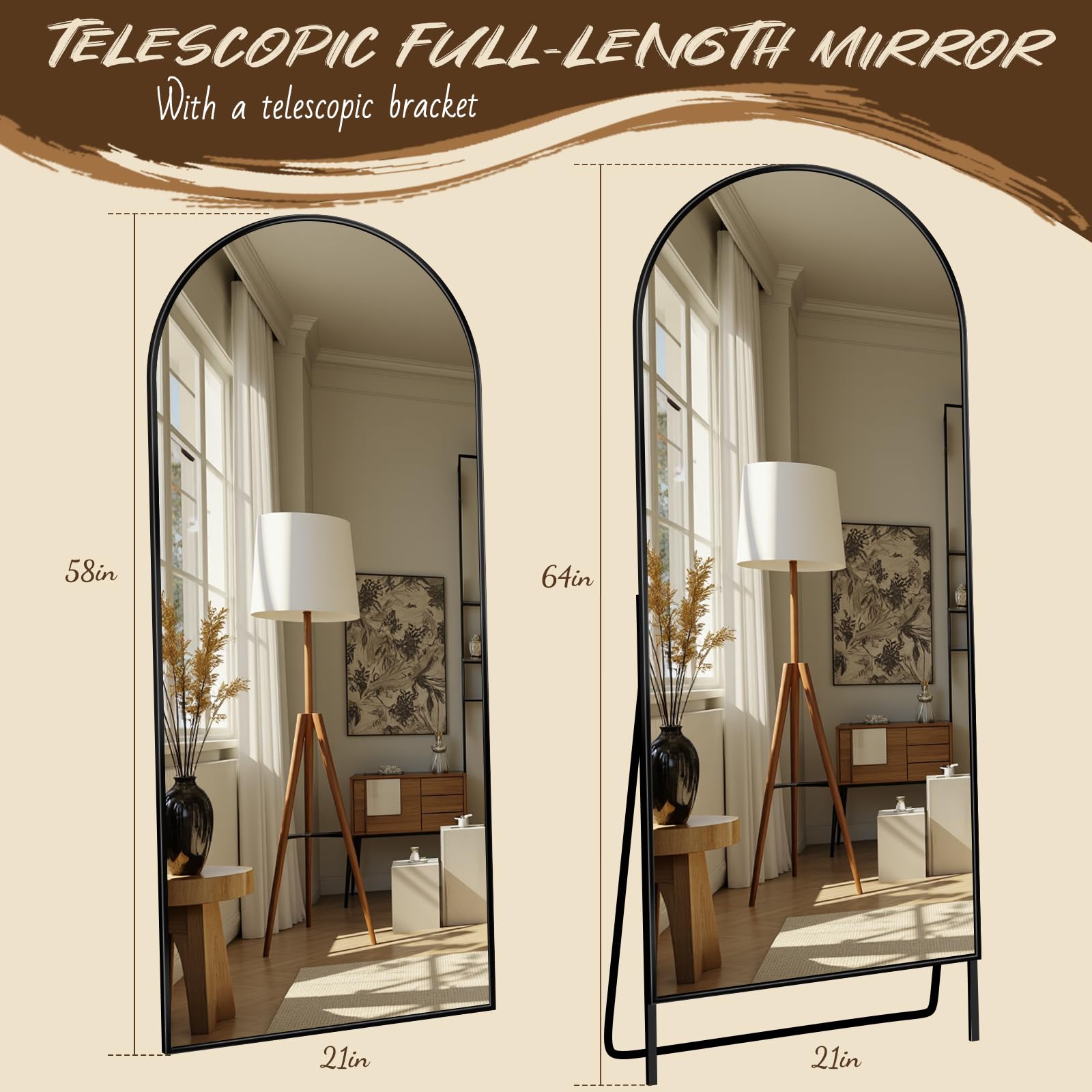 Antok Specchio a corpo intero curvo, con cornice in alluminio, vetro infrangibile in HD, per camera da letto e soggiorno