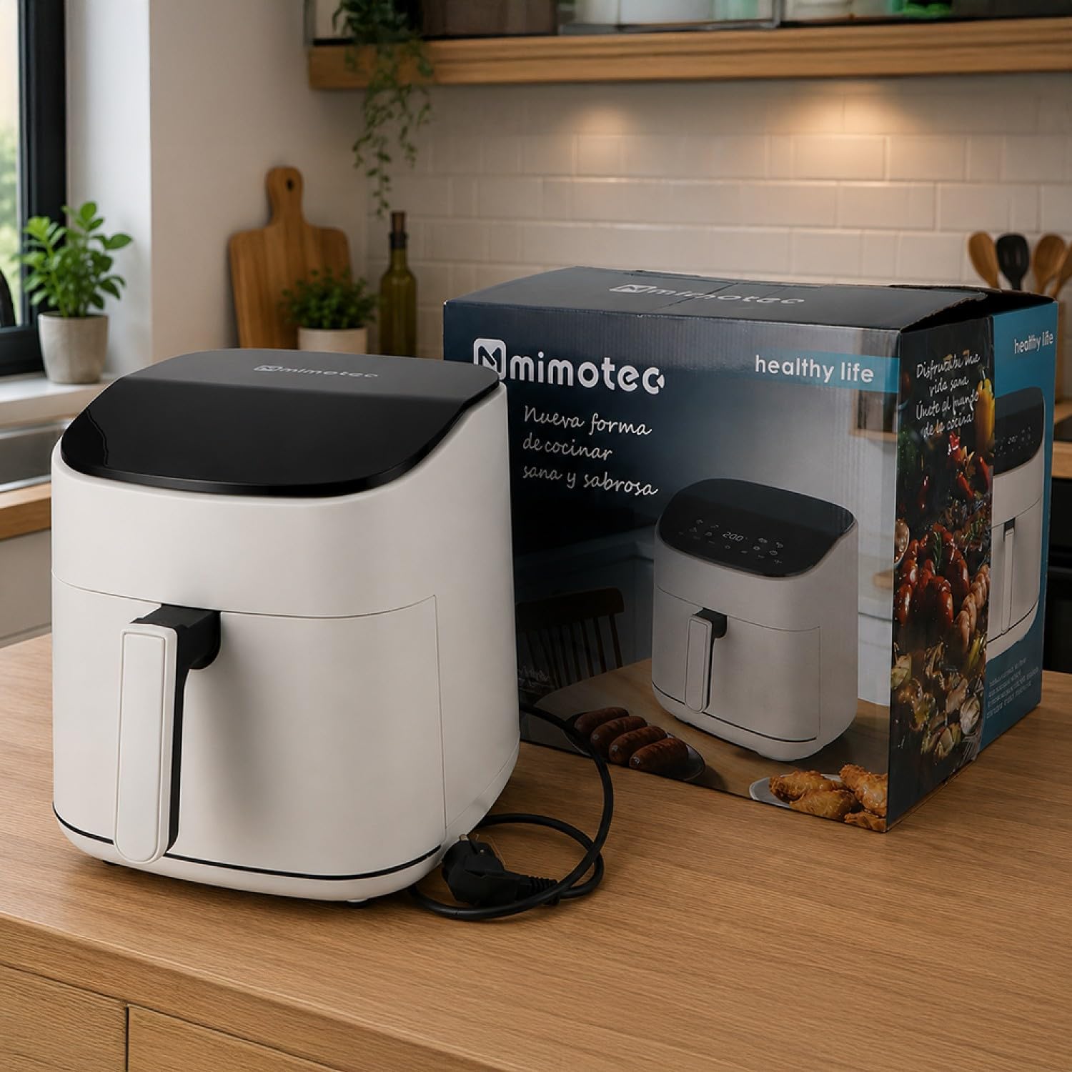 M mimotec – Friggitrice ad Aria White Sara Touch 6,5L, senza Olio, 1600W, 8 Menu Digitali, Display Touch, Funzione Grill, Timer Regolabile, Temperatura 80-200°C, Cucina Facile e Sana