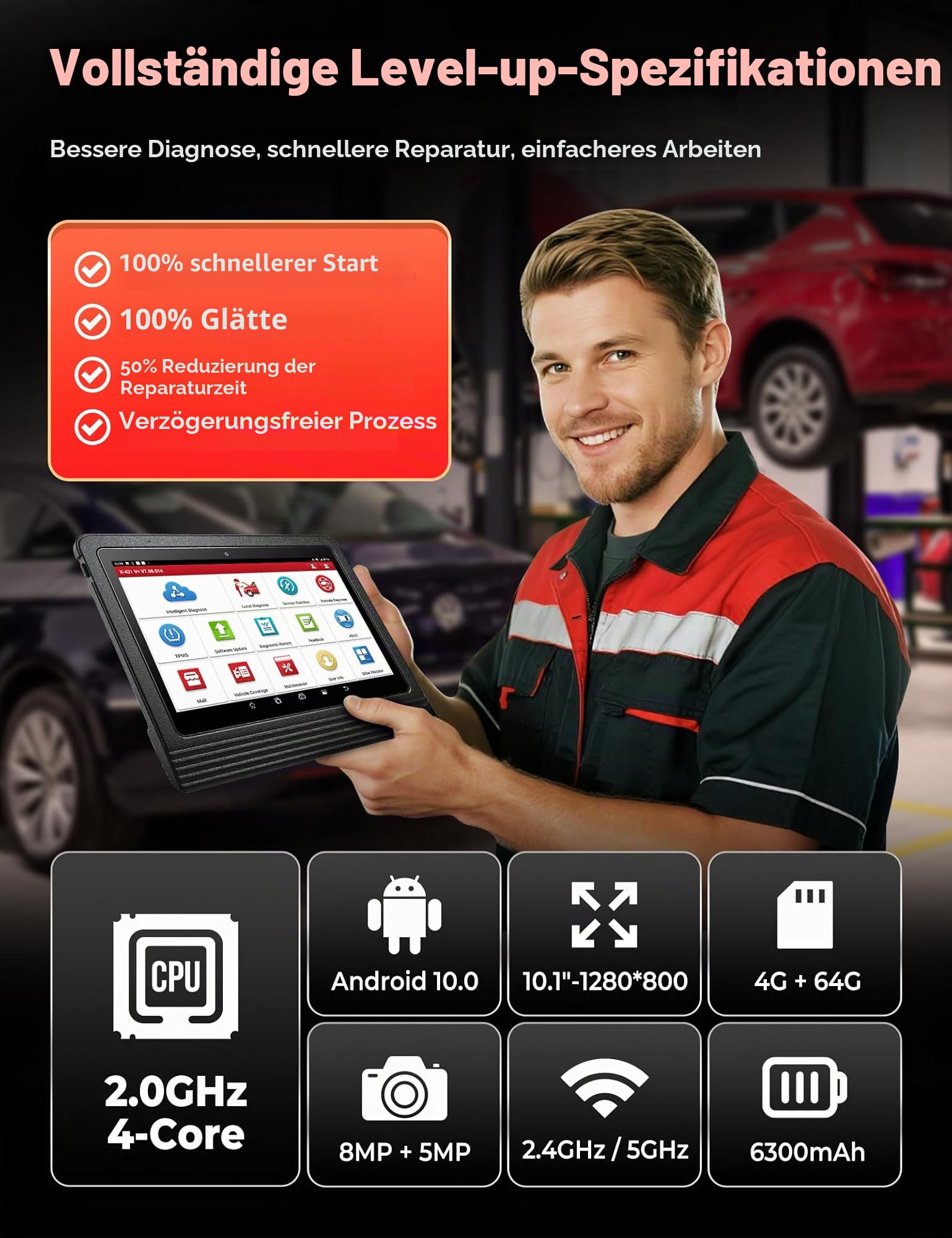 LAUNCH X431 V+ PRO 5.0, OBD2 Diagnosegerät Professionelles ECU Codierung, OE-Level Multibrand Diagnosetablett mit Diagnosegerät Auto mit 37+ Reset Service, 2 Jahre Update besser für Werkstätte
