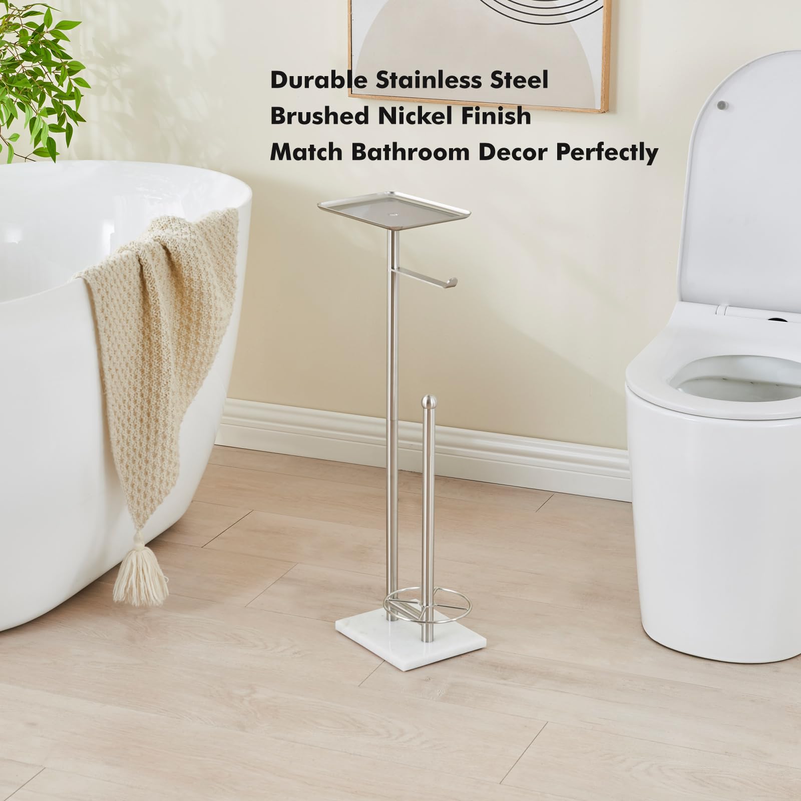 Toilet Paper Holder with Tray at The Top, Sturdy Marble Base No Wobby, Holding Extra 3 Toilet Paper Rolls As Spare Use, Freestanding No Drilling (Brushed Nickel) — Amazon image 6