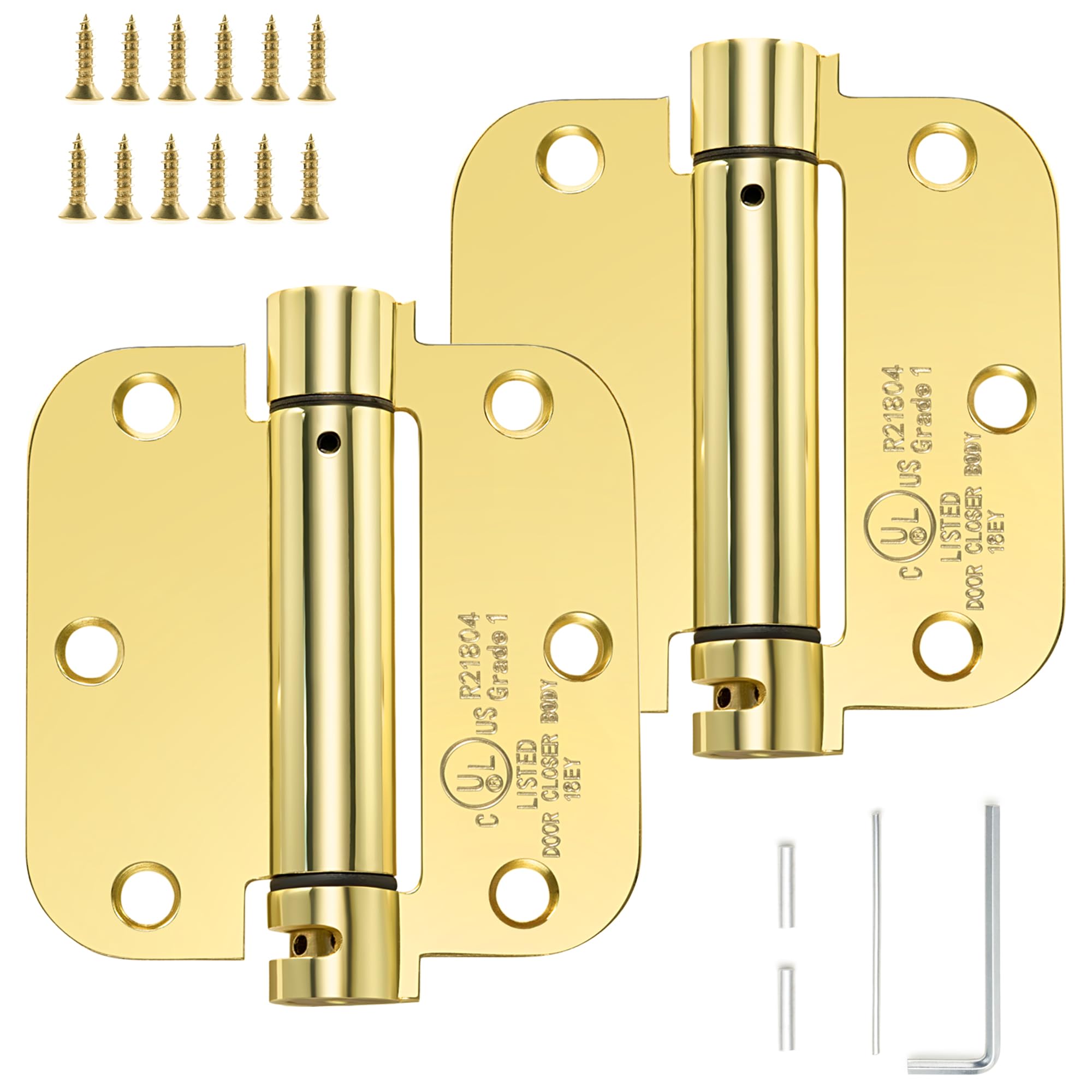 Sophia Self-Closing Door Hinge 3.5 Inch Rounded 5/8 Radius Interior, Spring Loaded Hinge Adjustable Tension for Garage Residential Standard Bedroom Indoor Doors, 2 Pack, Polished Brass
