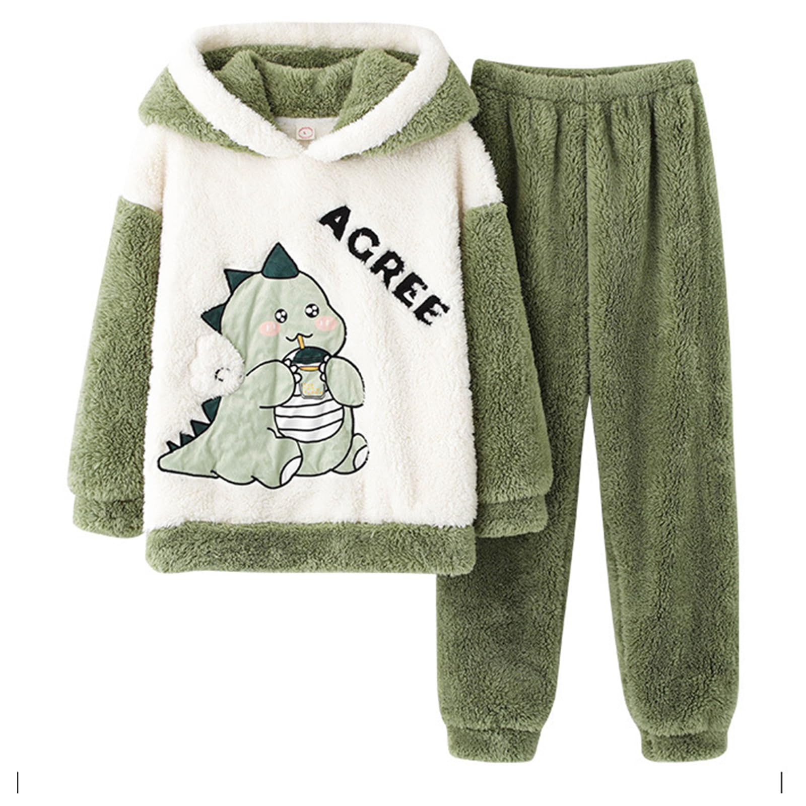 Conjunto de pijama de forro polar, sudadera térmica con capucha y pantalones con patrón de dinosaurio, ropa de dormir para clima frío, conjunto de pijama de franela para mujer