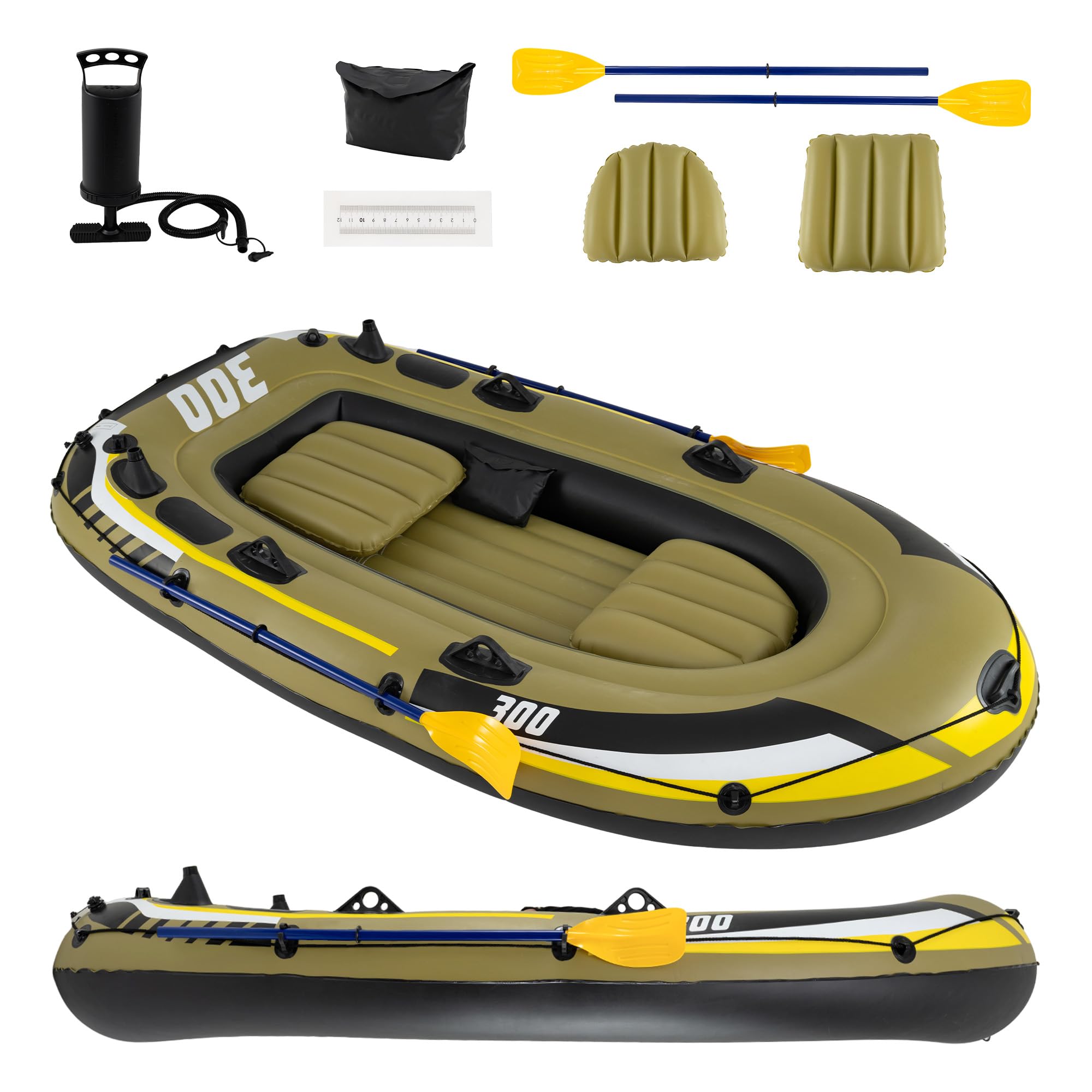 HOMASIS Aufblasbares Schlauchboot, Angelboot-Set für 2 Erwachsene & 1 Kind mit Rudern, Pumpe, gepolsterten Sitzen, Aufbewahrungstasche, Rutenhaltern, Motorhalterung, für Wassersport, Paddeln