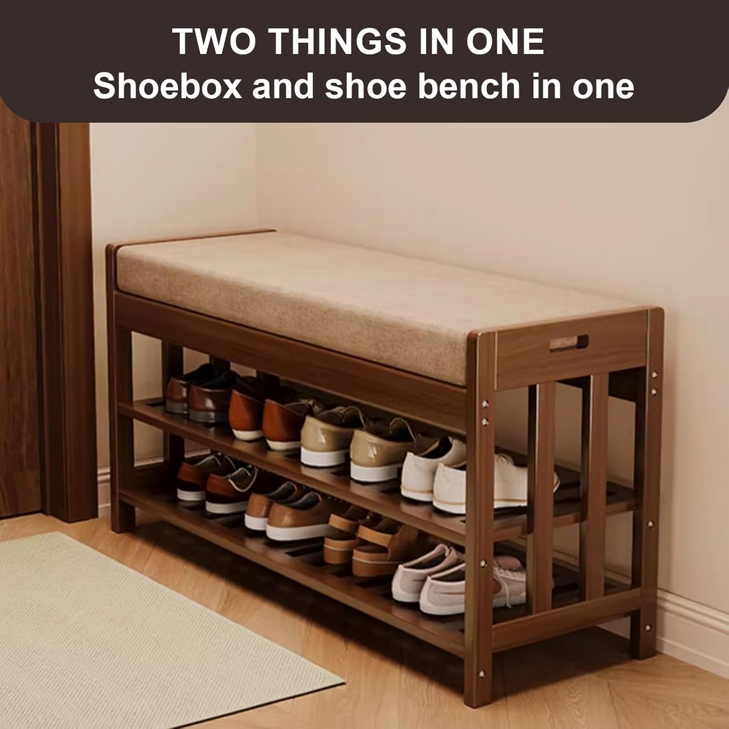 2-Tier Shoe Storage Bench with Soft Cushion, Portable Handle, Ideal for Entryway, Hallway, Living Room, Bedroom nization (50cm)