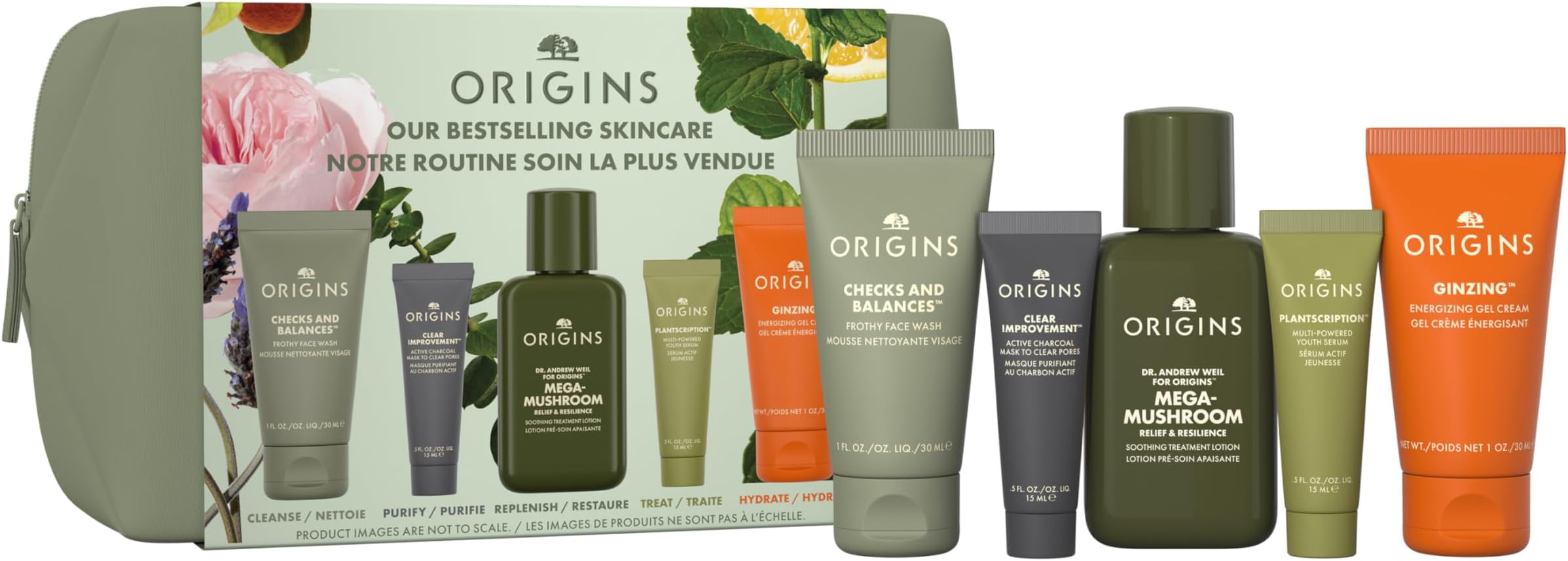 Origins Best Sellers Set by Origins for Women - 5 Pc 1oz Checks Face Wash, 3.8oz Lotion, 0.5oz Clear Charcoal Face Mask,1.62oz Serum, 1.69oz Moisturizer