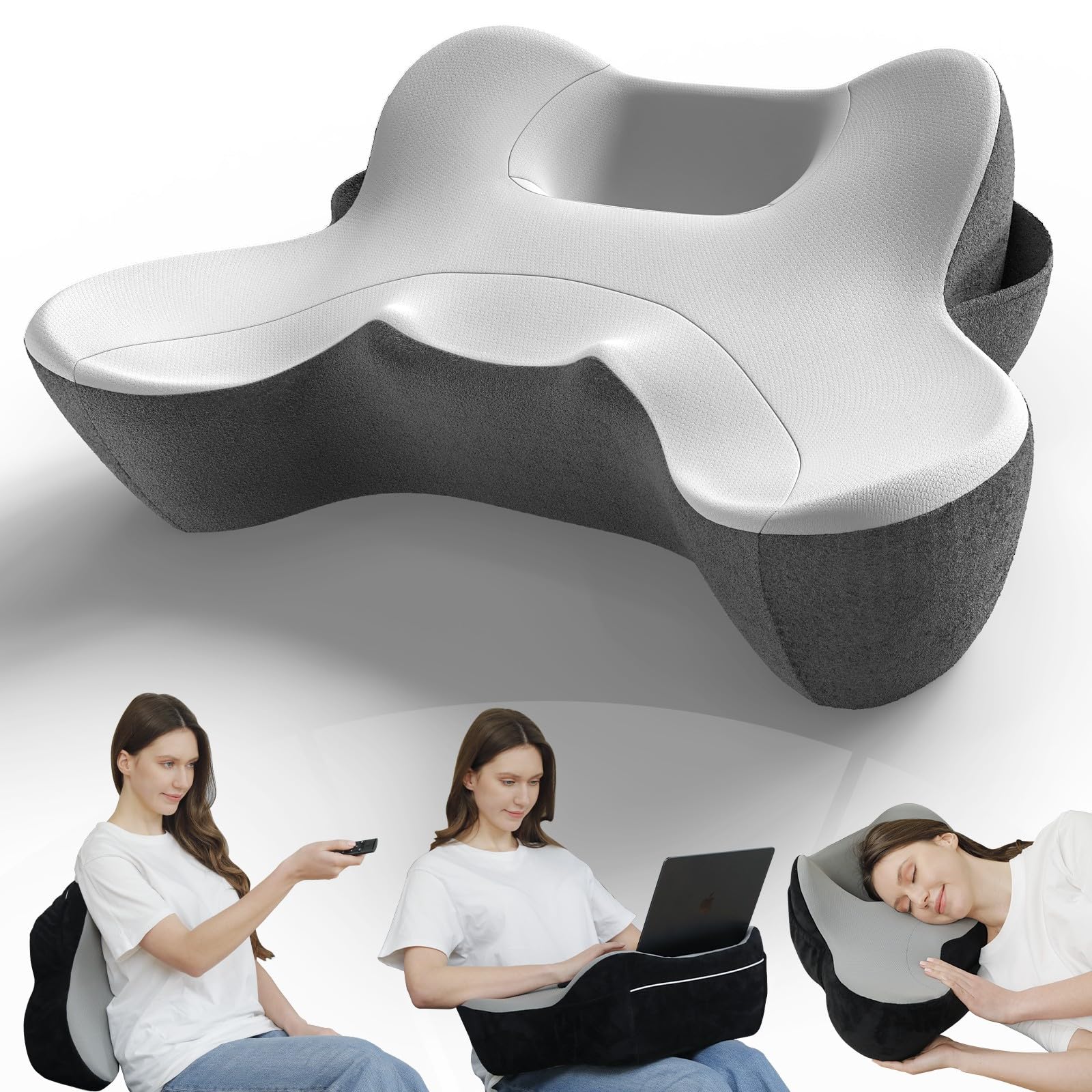 RUMMY Cojín de Lectura de Espuma viscoelástica con Bolsillos Laterales – Asiento ergonómico para Oficina en casa, Escribir y Relajarse en la Cama/sofá – Funda extraíble Lavable (Negro) OEKO-TEX STANDARD 100
