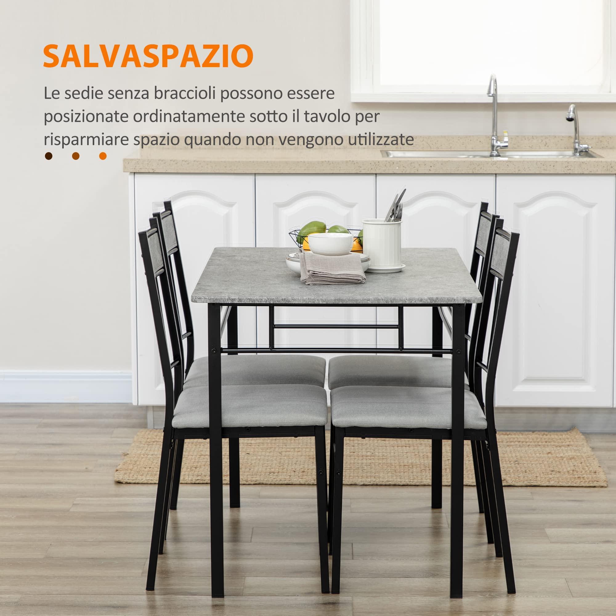 HOMCOM Set Tavolo e Sedie 5pz, Tavolo da Pranzo Rettangolare in Metallo e MDF e 4 Sedie da Pranzo con Seduta Imbottita in Gommapiuma e Poliestere