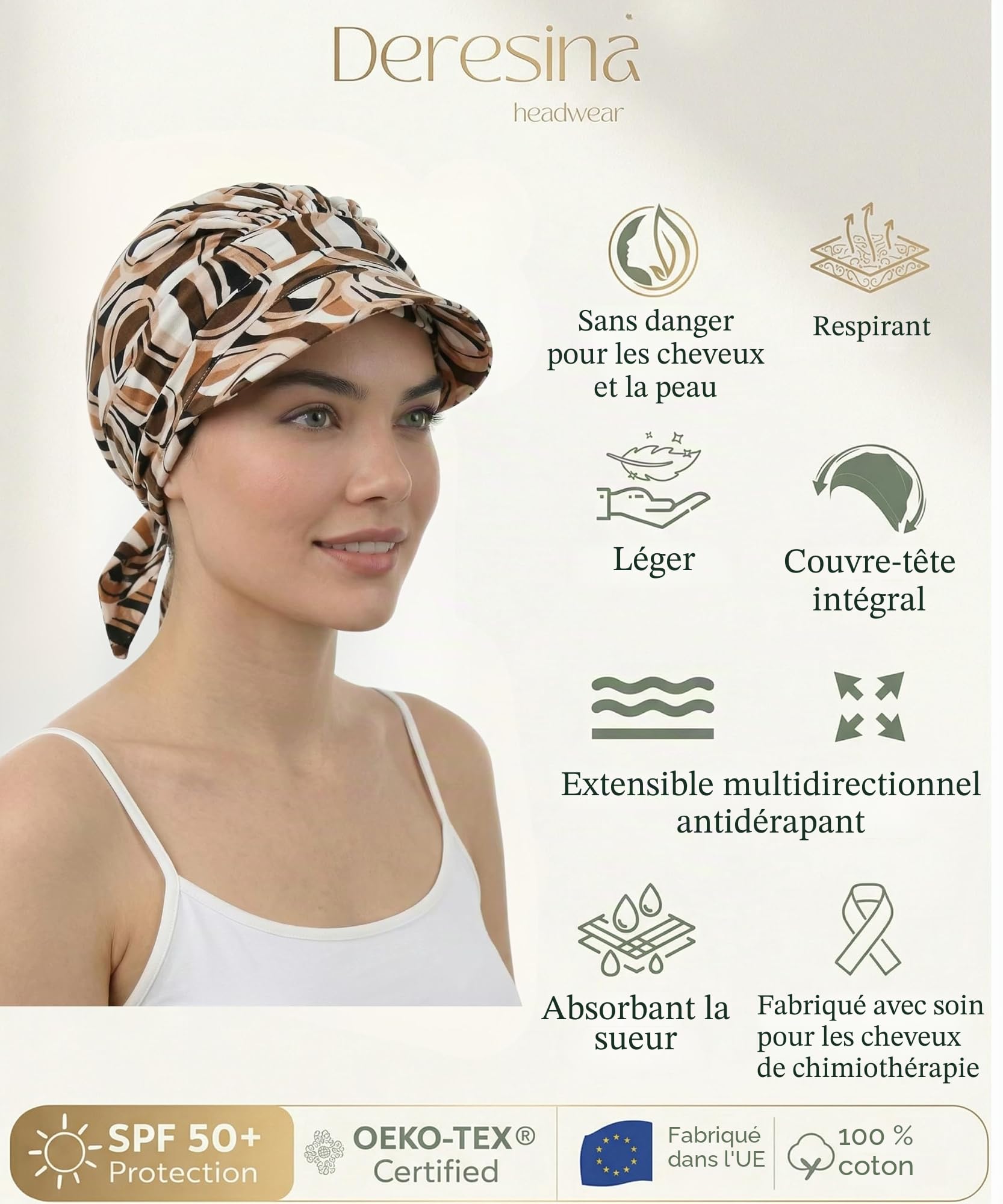 Deresina Bonnet Chimio Femme Été – Foulard Turban pour Cheveux Coton Pré-noué, Bonnet Chimiothérapie Alopécie, Visière Protection Solaire