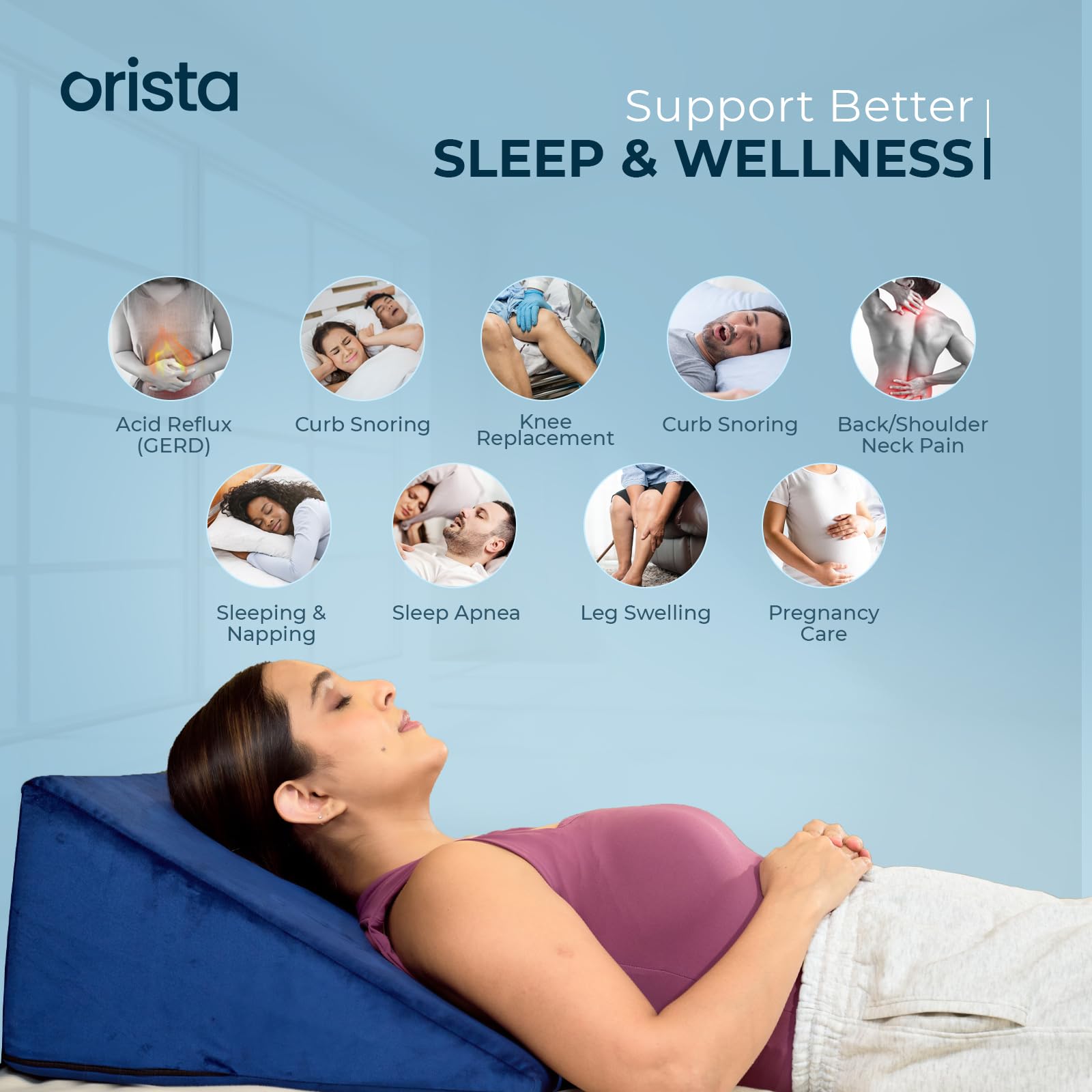 Orista™ Wedge Pillow Made with Advance Gel Blended Memory Foam Complete Back Support, Acid Reflux, Anti Snoring, Leg Elevation, Improves Comfort and Posture | 20 x 20 x 10 Inch | Blue Velvet Cover - Image 4 thumbnail