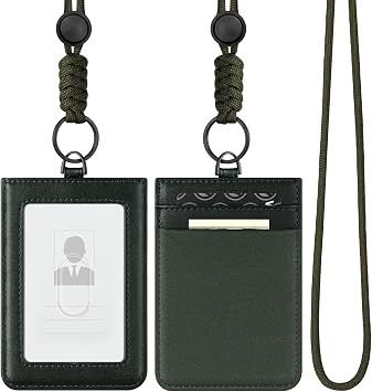 VULKIT ID Badge Holder with Lanyard for Women and Men Vertical Leather Badge Holder with Clear ID Window Card Holder Slot and Money Pocket Royal Green