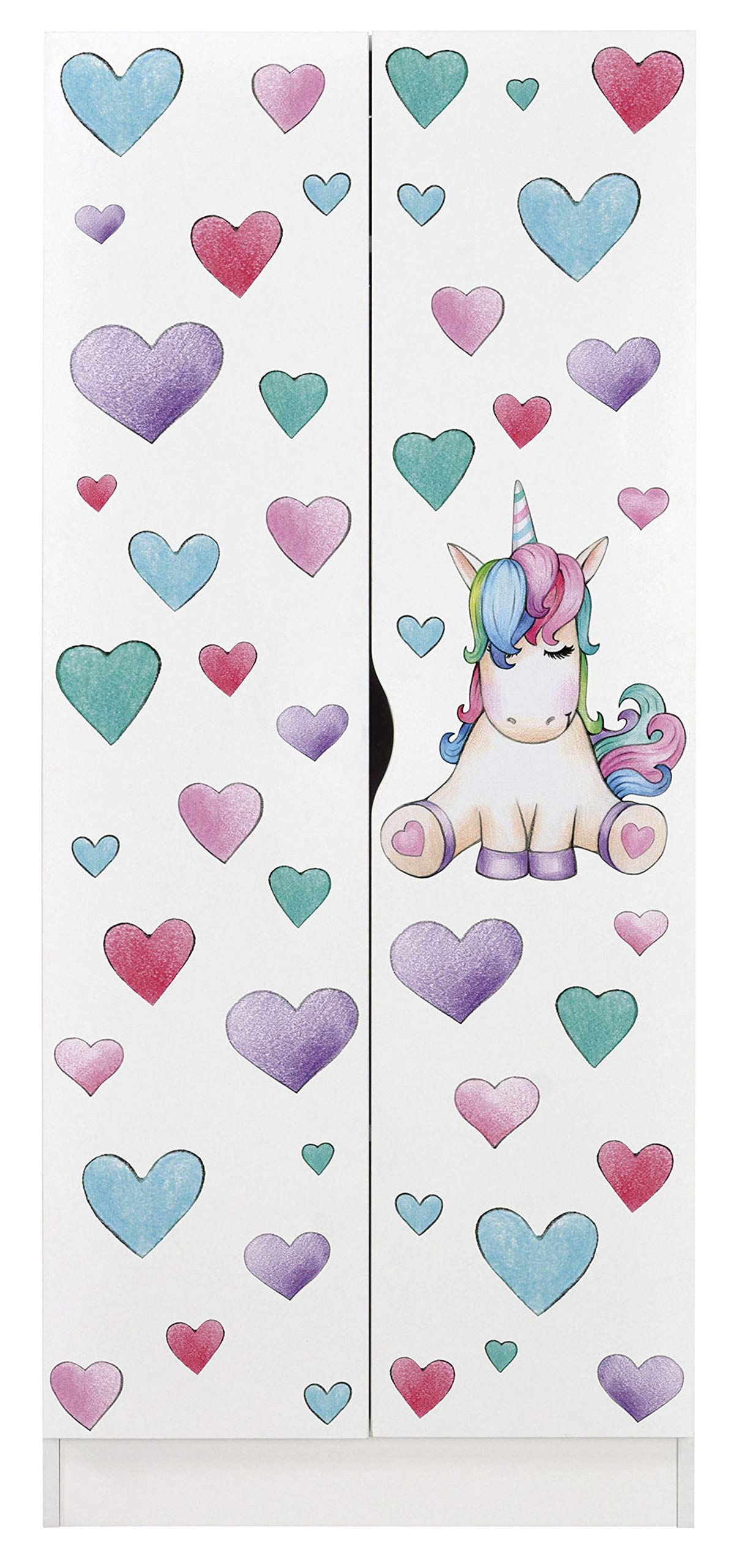 Leomark Weiß zweitüriger Kleiderschrank - Roma - funktionaler Schwebetürenschrank, Dim: 70 x 42,5 x 161,5 (H) cm, Schrank, Möbel für Kinder, UV-Druck: Unicorn