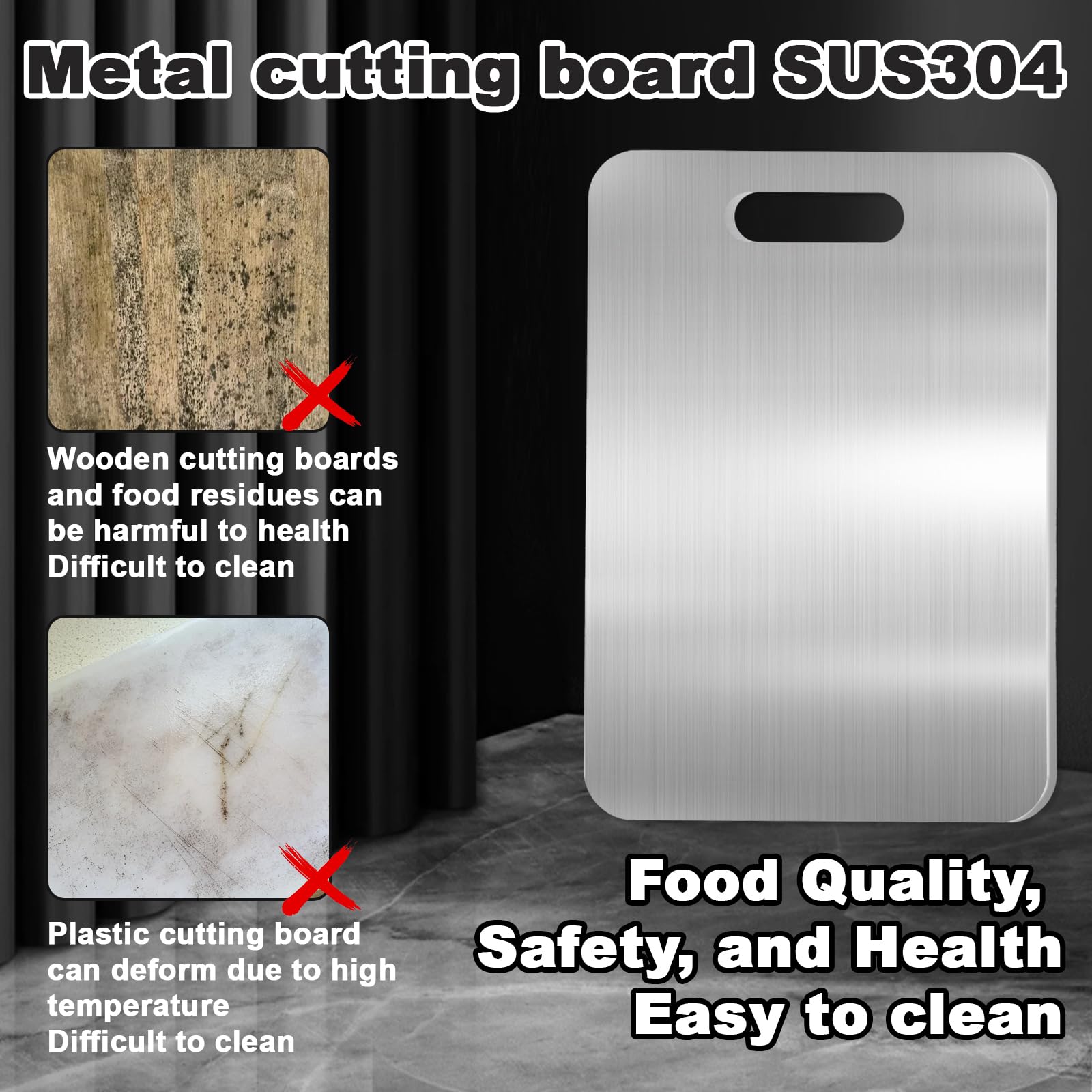 Titan Schneidebrett-3 Stück 304 Schneidebrett Edelstahl Cutting Board Stainless Steel aus Edelstahl mit Rutschfestes Silikonpad Gemüsemesser für Küche Im Freien Camping 29x20cm, 39x28cm, 34x23cm