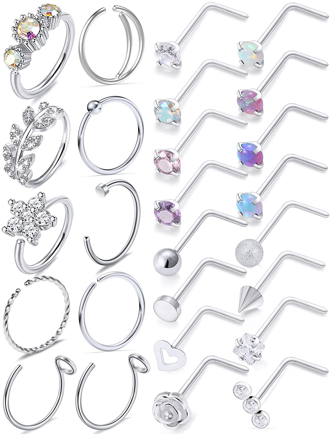 Yaalozei 20G 18G 16G Cubic Zirconia Nose Rings Studs 316L Surgical Steel Hypoallergenic Nose Piercings Jewelry for Women Men CZ 2mm-3mm 24 Pcs