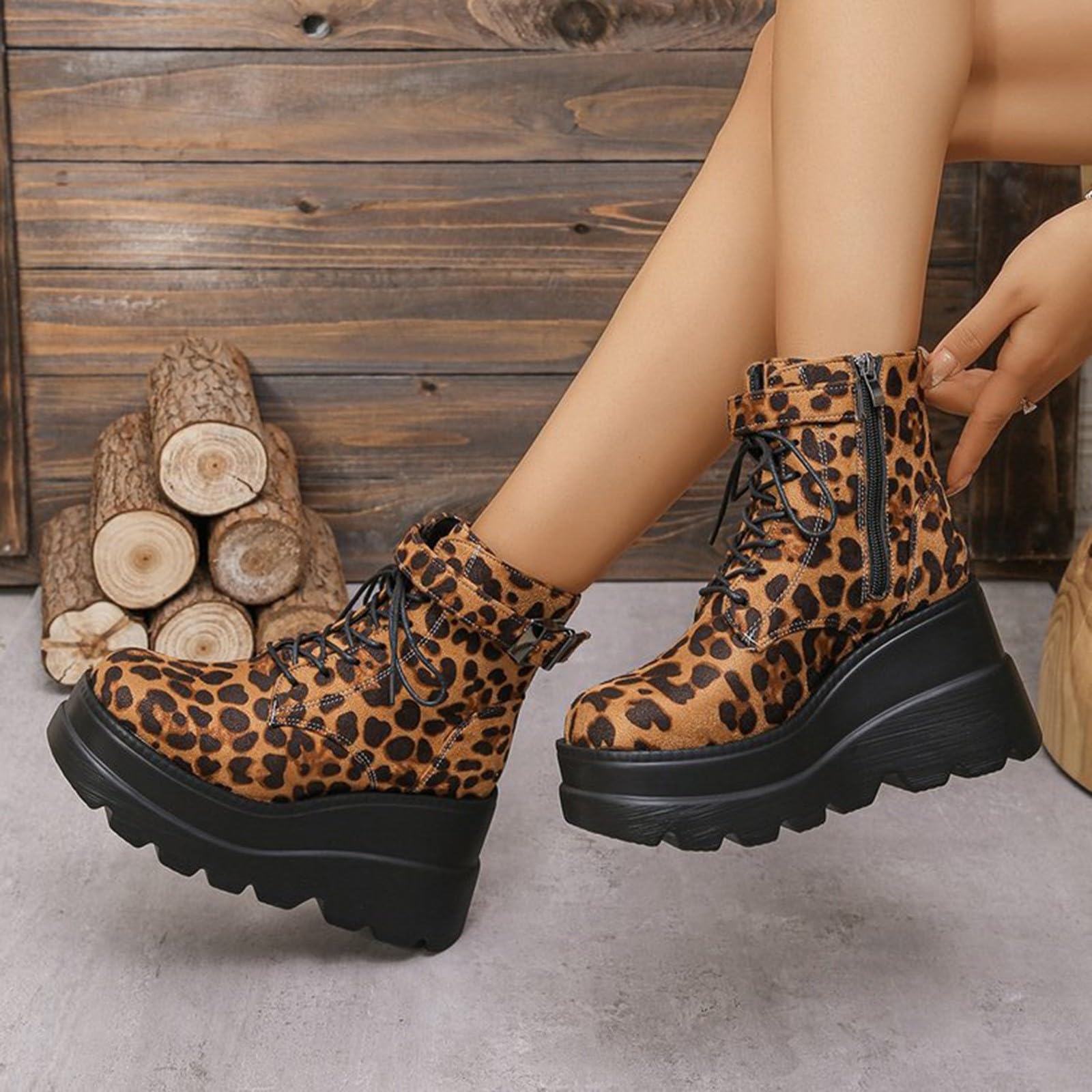 Botas de tobillo para mujer, para primavera, otoño e invierno, puntera redonda, estampado de leopardo grueso, a la moda, con cremallera lateral, para motocicleta, talla grande, informales, color