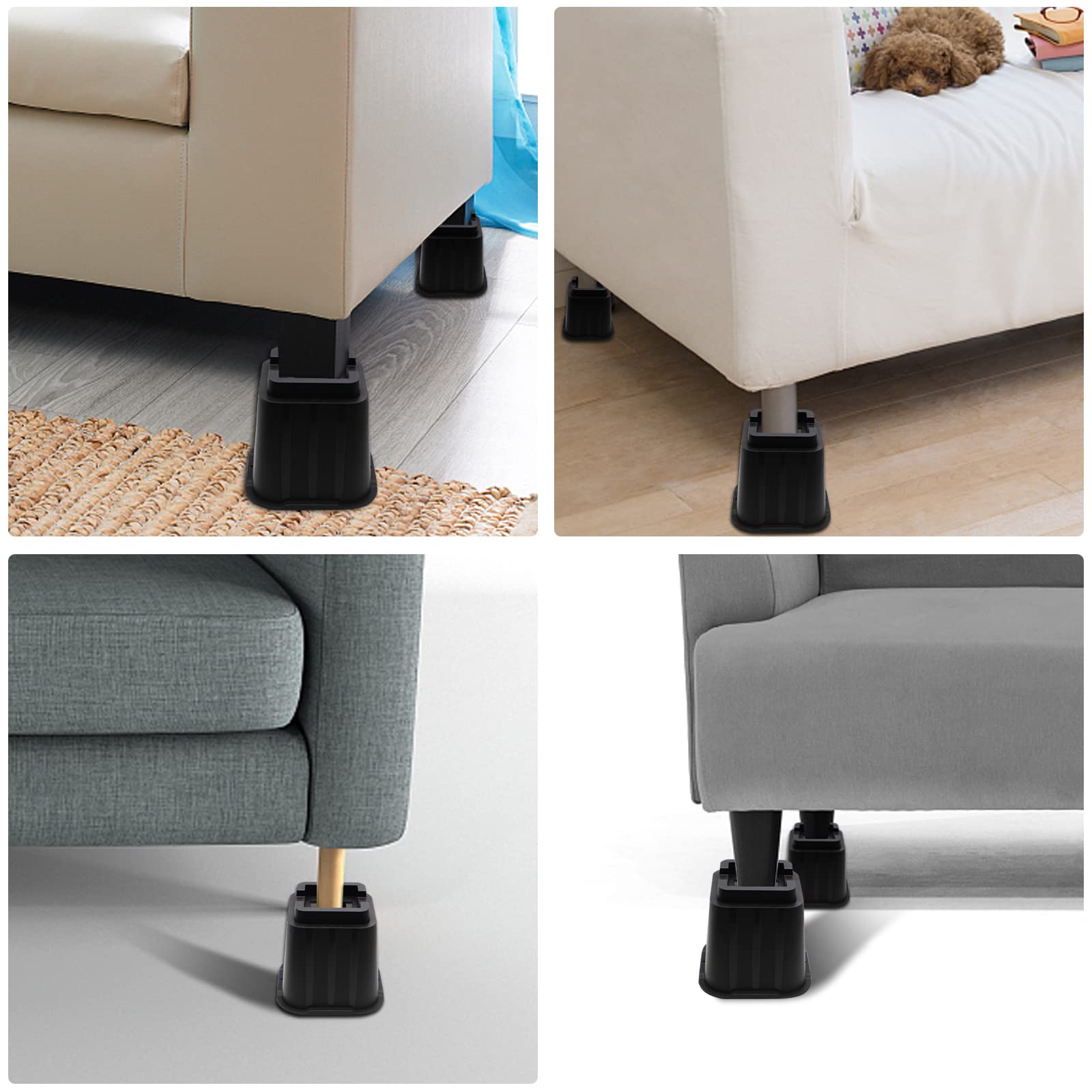 MYMULIKE Elevadores de cama de 5 pulgadas, elevadores de cama resistentes soportan hasta 6000 libras para sofá, mesa, sofá, silla o escritorio (juego de 6, negro)