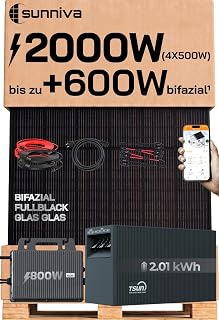 SUNNIVA® 2000W Balkonkraftwerk mit 2,01 kWh Speicher TSUN SOLARCAN TSOL-DCU2000Lite, BIFAZIAL FULLBLACK komplett Steckdose, PV Solaranlage Komplettset mit Solarspeicher, 4x 500W Glas Bifacial