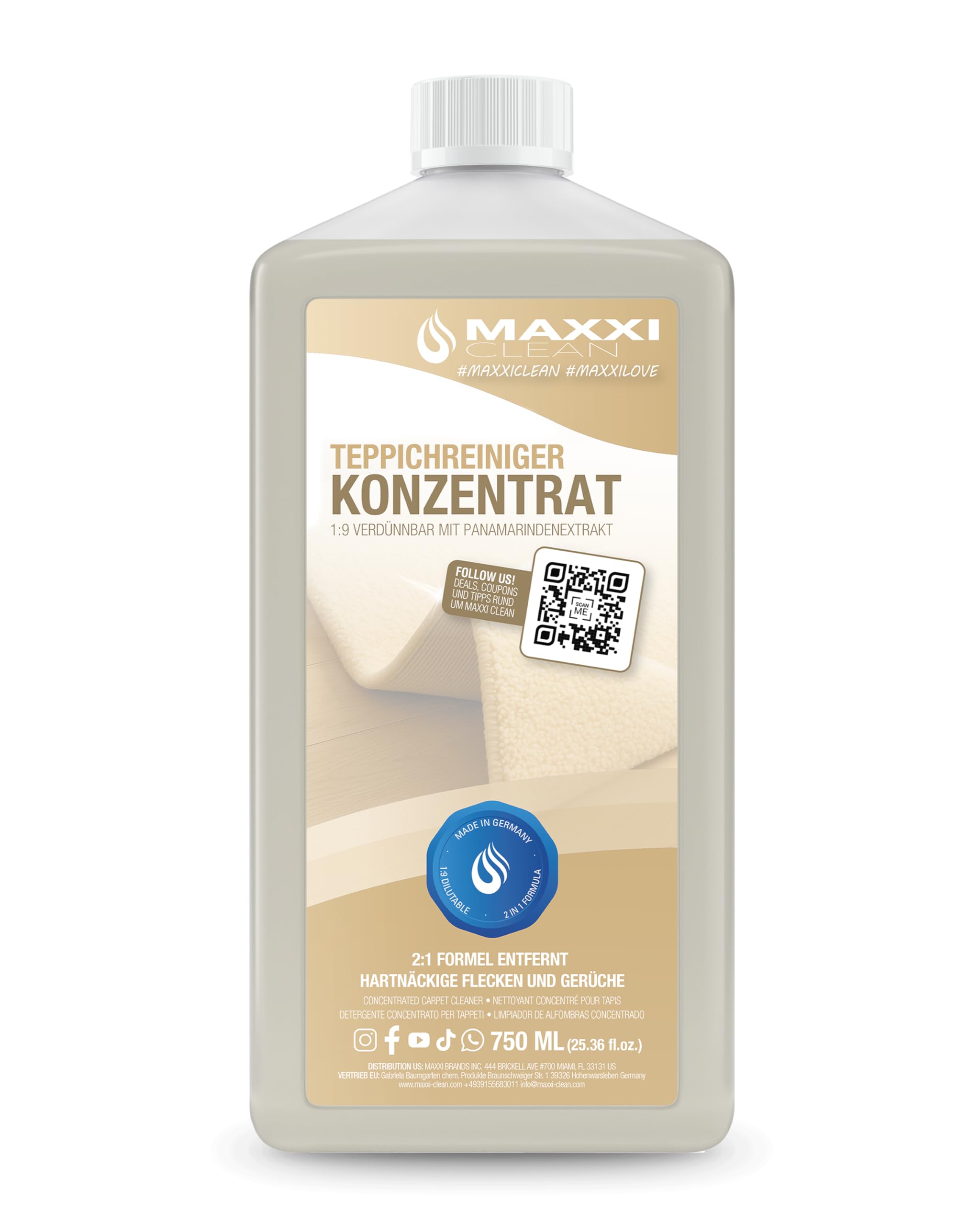 Maxxi Clean - Limpiador Concentrado Para Alfombras Y Tapicería | Limpiador Eficaz De Alfombras (0,75 L) | Apto Para Todo Tipo De Limpiadores De Alfombras Y Aspiradoras De Líquidos