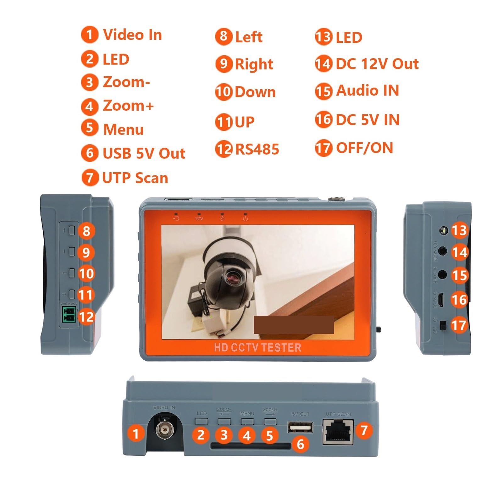 CCTV Tester IV5 8MP 12V1A AHD TVI CVI 5 ''Monitor Di Sicurezza PTZ Supporto PAL/NTSC Segnale Video CVBS Test Tester CCTV Portatile