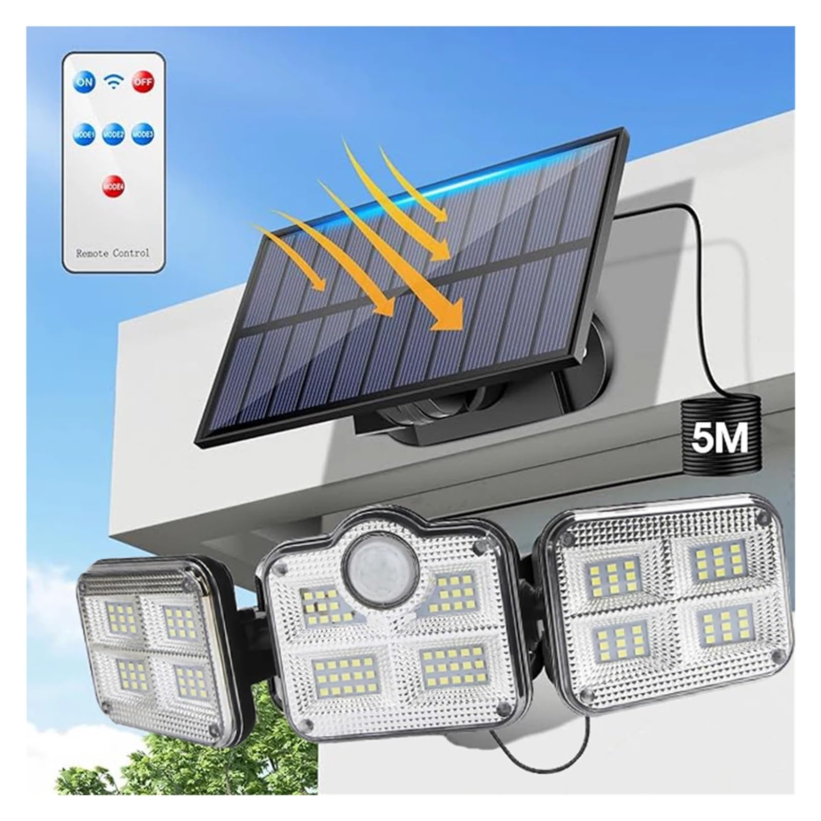 Lampa solarna zewnętrzna lampa zabezpieczająca przed powodzią z pilotem światła słonecznego, lampa ścienna, wodoodporne reflektory, czujnik ruchu, 3 głowice światła uliczne (separacja 138 LED)