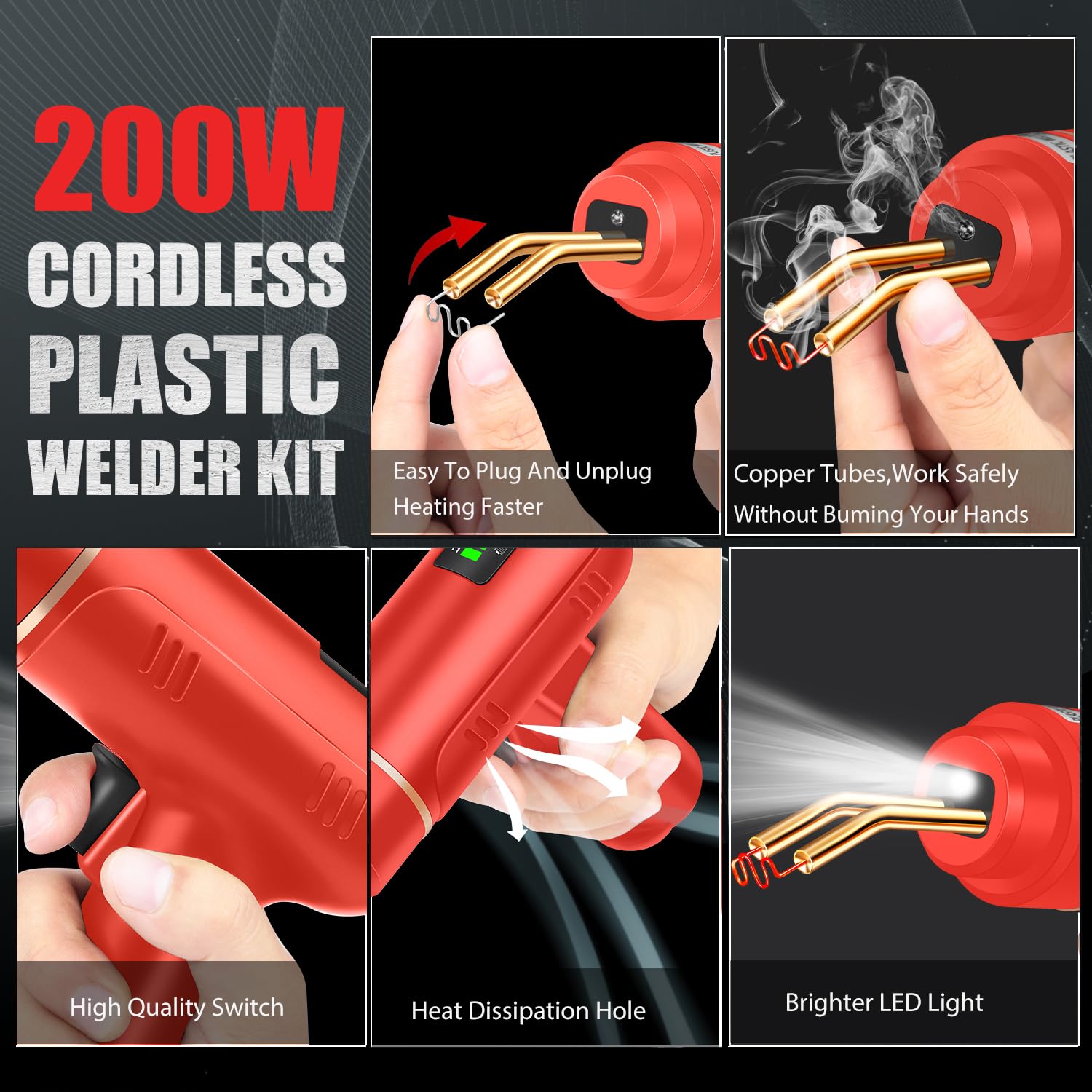 Máquina de soldadura de plástico mejorada de 200 W, kit de soldadura de plástico USB con 1200 piezas de grapadora caliente, pistola de soldadura de plástico inalámbrica, kit portátil