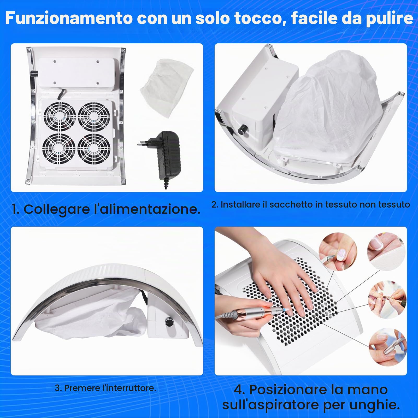 Aspiratore Unghie Aspirapolvere Professionale da Tavolo per Pedicure e Manicure, Salone Professionale 4 Ventole Potente Aspiratore per Unghie, Basso Rumore, Kit per La Pulizia delle Unghie