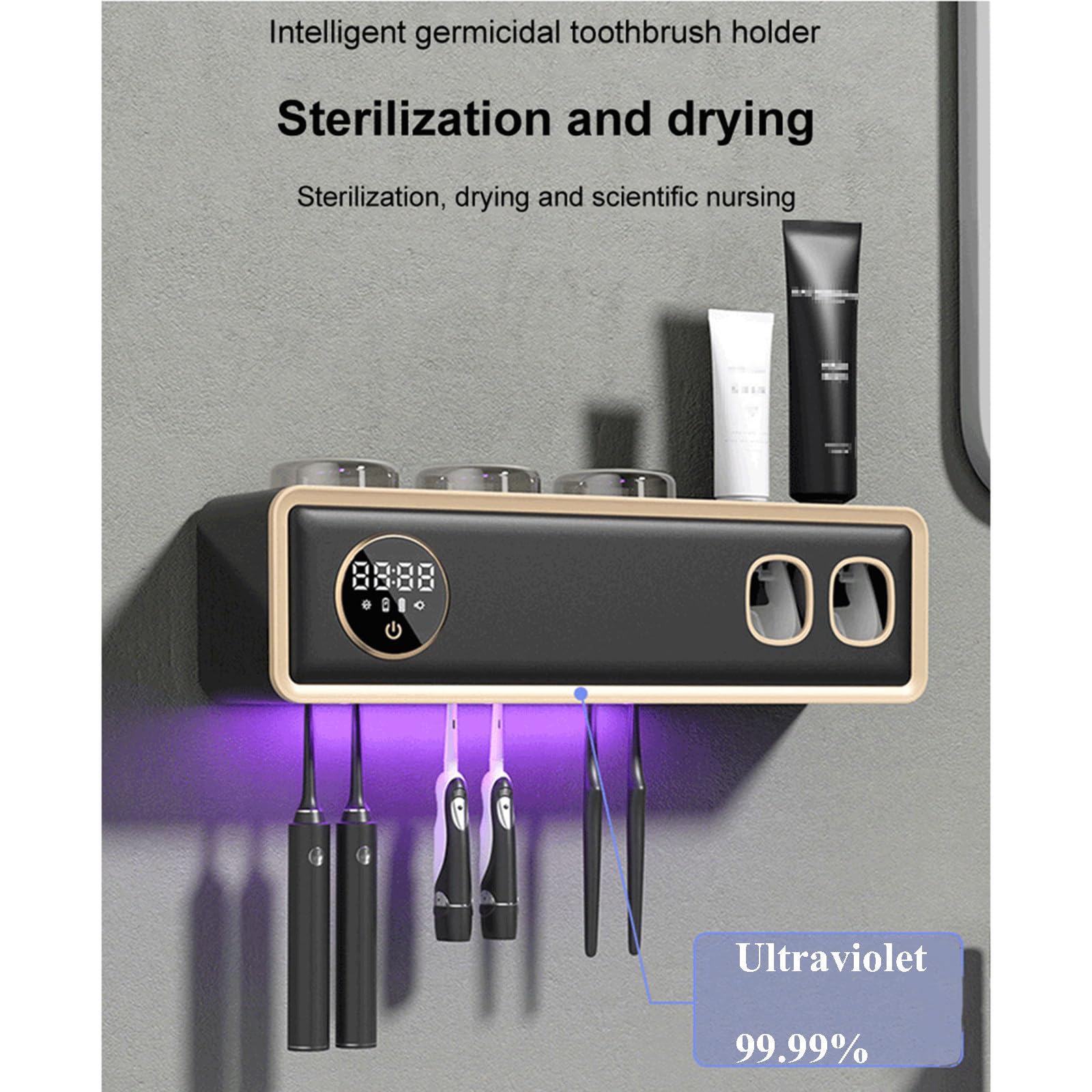 Sterylizator Inteligentny organizer Uv Punch Free Zestaw akcesoriów łazienkowych Uchwyt na szczoteczki do zębów Uchwyt na szczoteczki do zębów Uv Inteligentny bez dziurkacza,Black