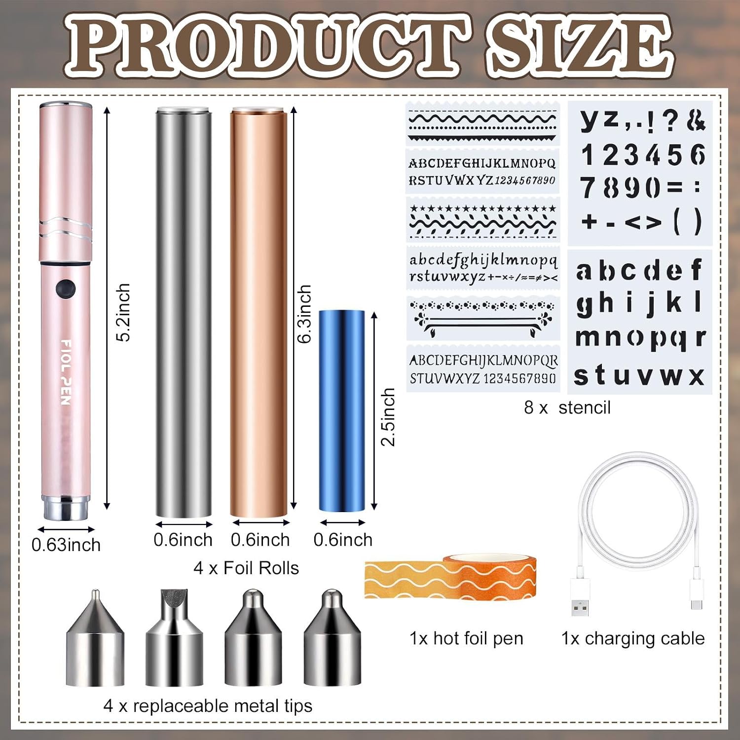 Watersay Cordless Hot Foil Pen Starter Kit with 1 USB Connection Port 4 Sizes Metal Nib 10 Template Papers 4 Roll Bronzing Paper 1 Roll Positioning Tape for DIY Scrapbooks, Leather, Car